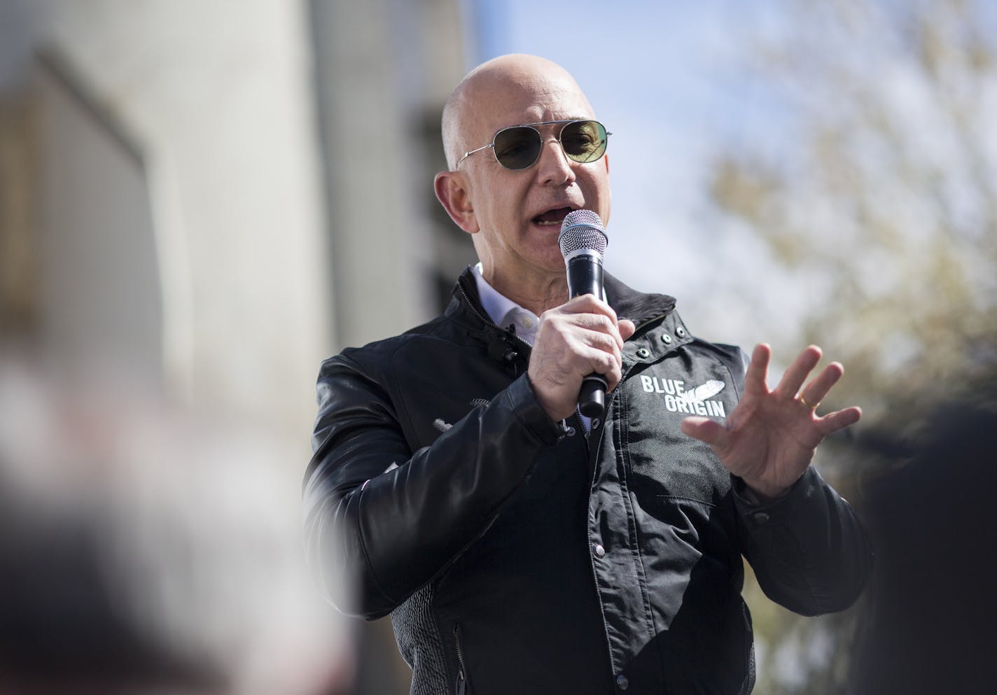 FILE &#xf3; Jeff Bezos, the founder of Amazon, discusses his Blue Origin reusable rocket project in Colorado Springs, Colo., April 5, 2017. A bump in the price of Amazon shares in July of 2017 was enough to move Bezos above Bill Gates, the Microsoft co-founder, who has topped Forbes&#xed;s billionaires list 18 out of the last 23 years. (Nick Cote/The New York Times)