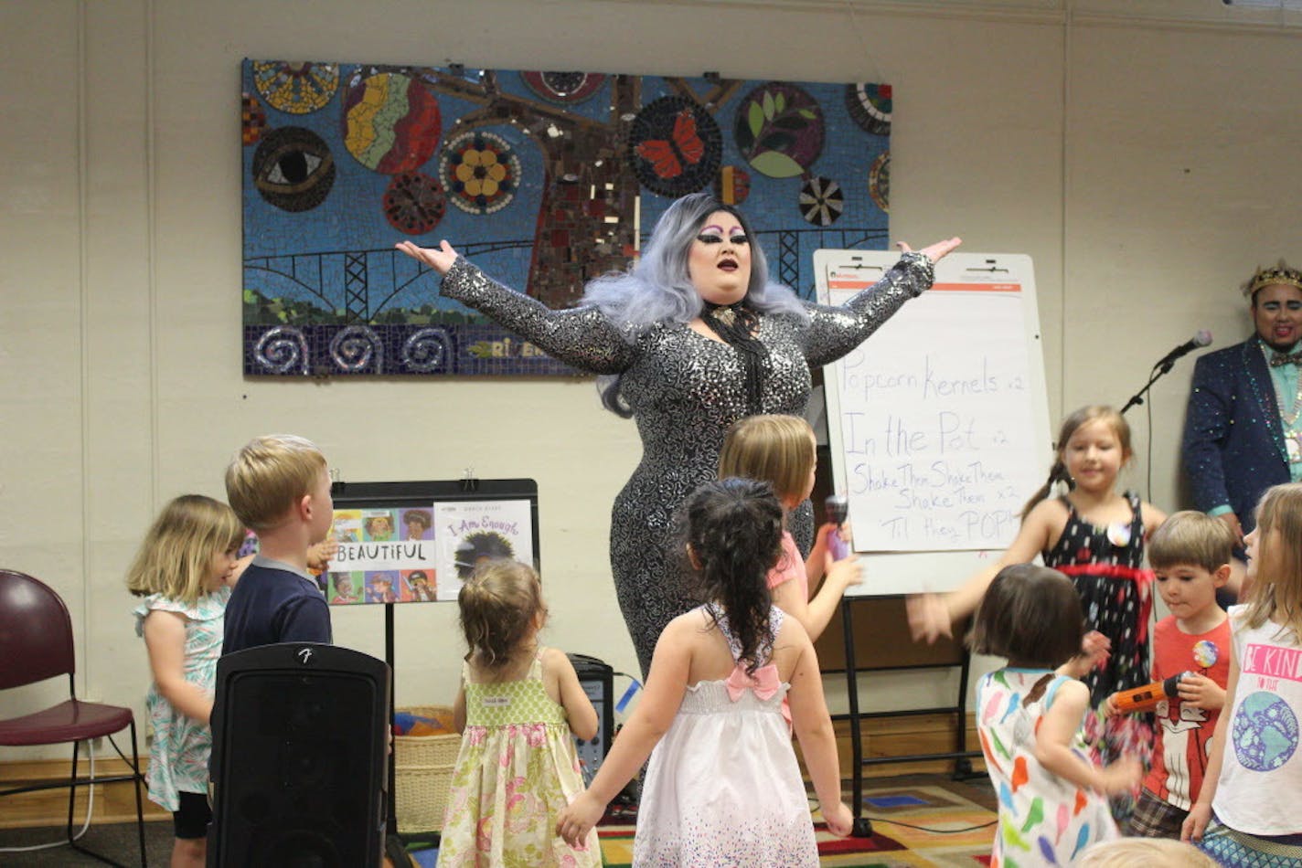 Fiona Fierce finished her rendition of "This Is Me" from "The Greatest Showman." Fierce is one of six performers to participate in the St. Paul Public Library's Drag Story Hour program, which invites them to libraries around the city to read a book, followed by a musical performance.