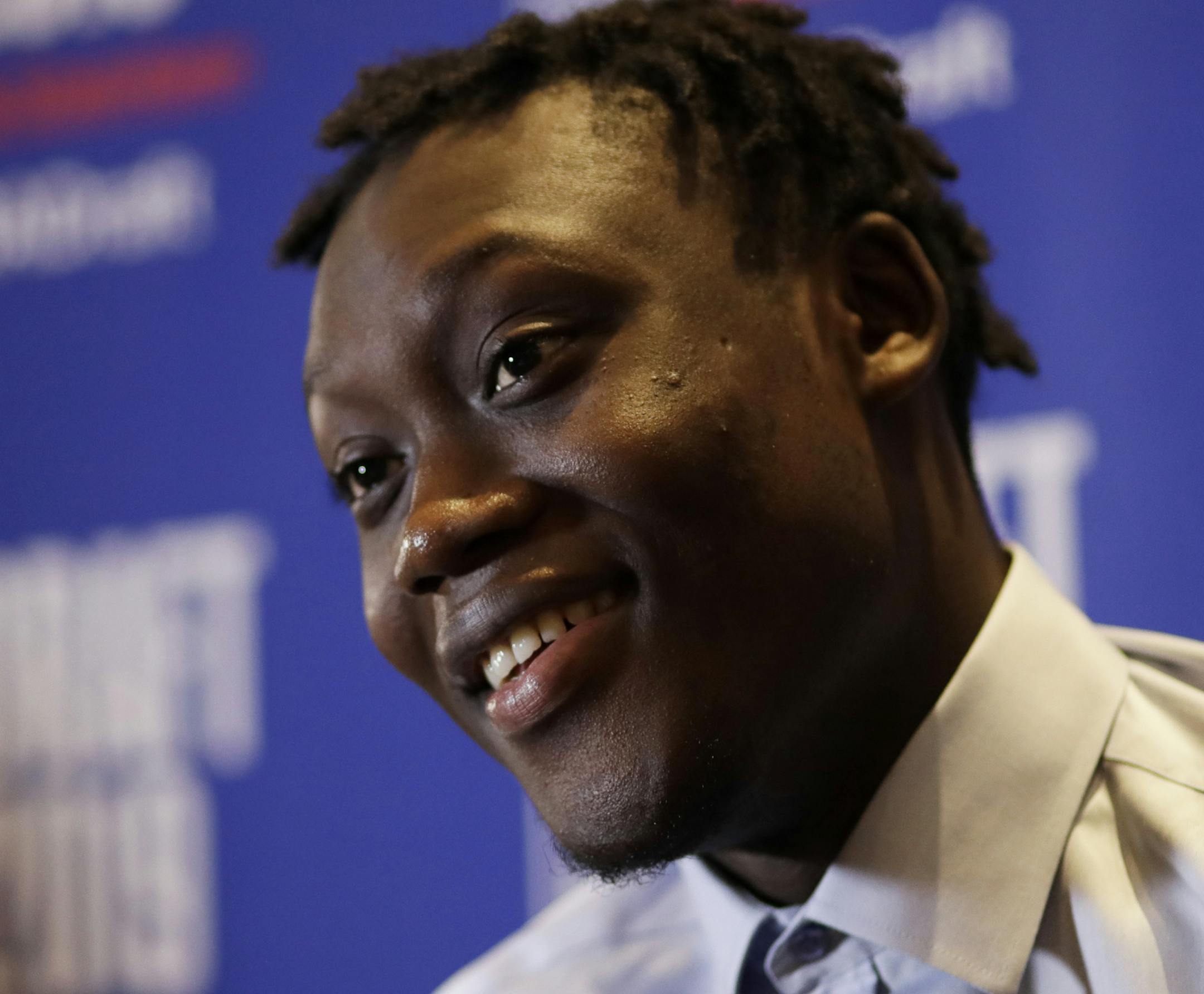Sekou Doumbouya, of France, attends the NBA Draft basketball media availability, Wednesday, June 19, 201,9 in New York. The draft will be held Thursday, June 20. (AP Photo/Mark Lennihan)