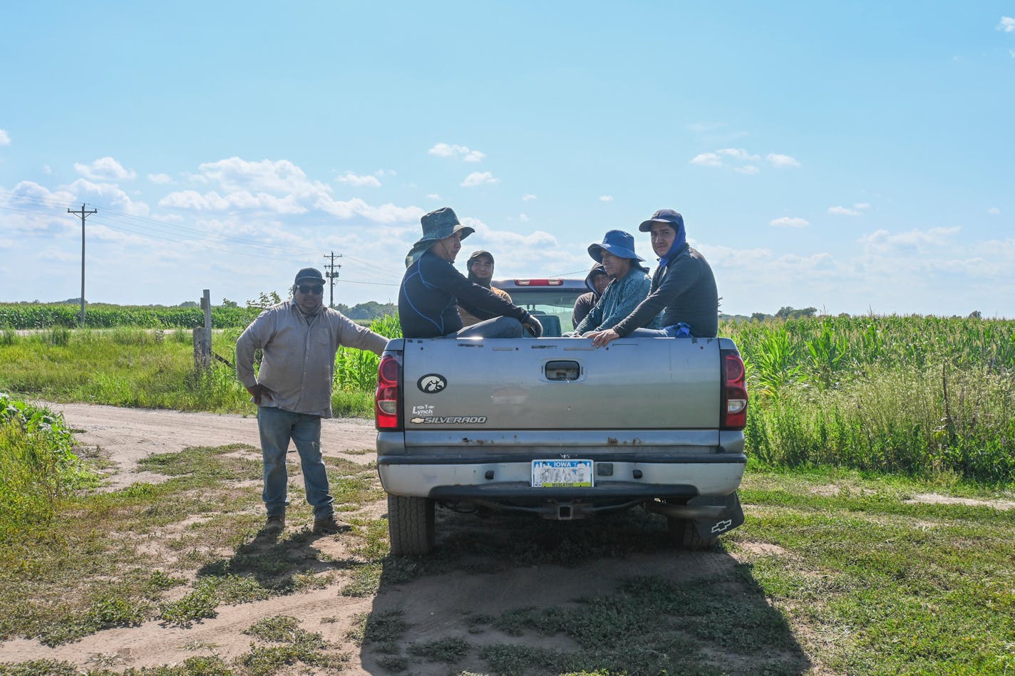 Juan Peña (seated at left) takes a break with other farmworkers in a field in southeastern Iowa on July 20, 2023. Their crew leader (standing) said summers have gotten hotter over the years. Credit: Sky Chadde, Investigate Midwest