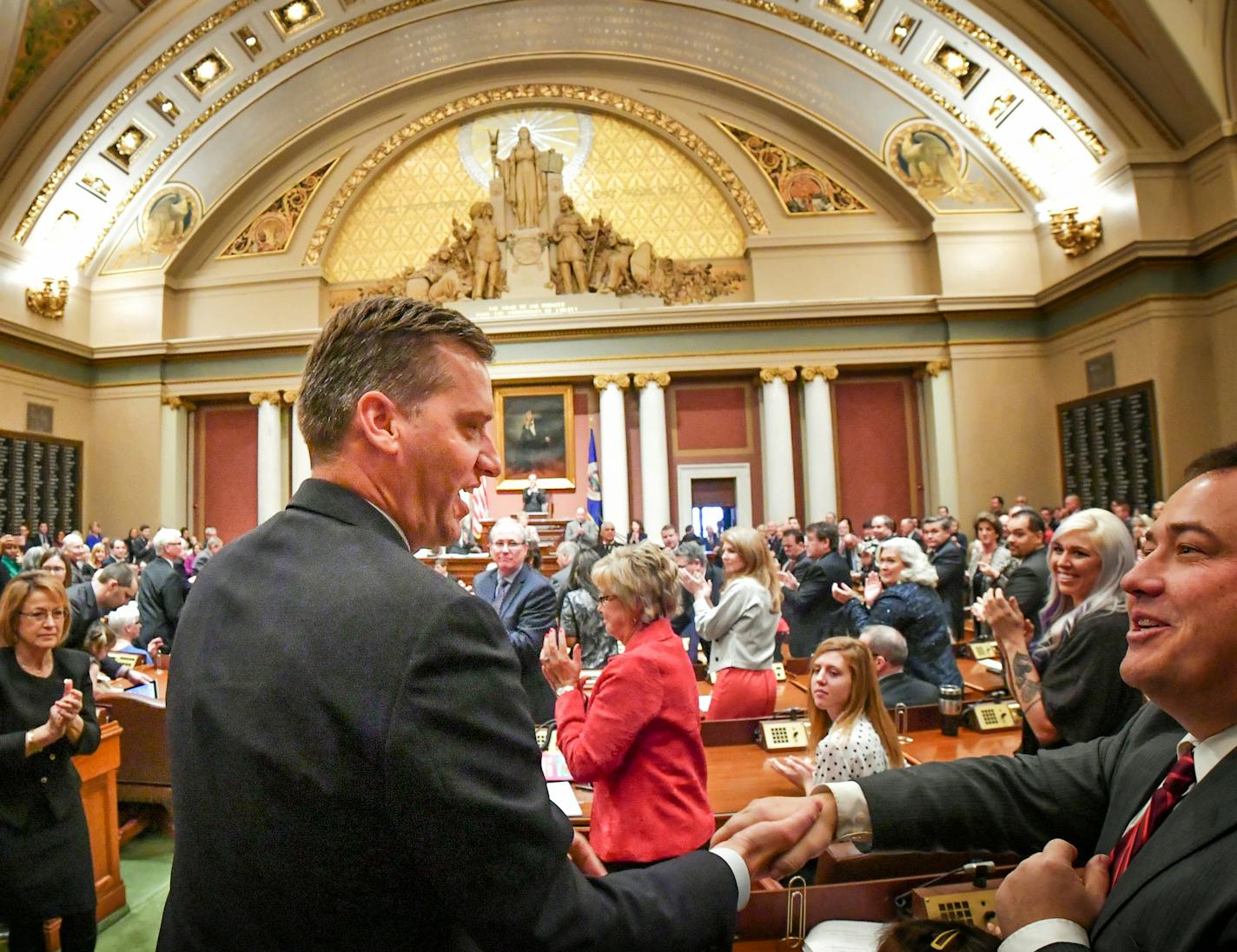 House Speaker Kurt Daudt received a standing ovation after he was elected again as Speaker. On the right Rep. Chris Swedzinski, R-Ghent, shook his hand. ] GLEN STUBBE * gstubbe@startribune.com Tuesday, January 3, 2017 The 2017 Minnesota legislative session officially gets underway at 12 noon, when the House and Senate gavel in to swear in new members and other ceremonial duties.