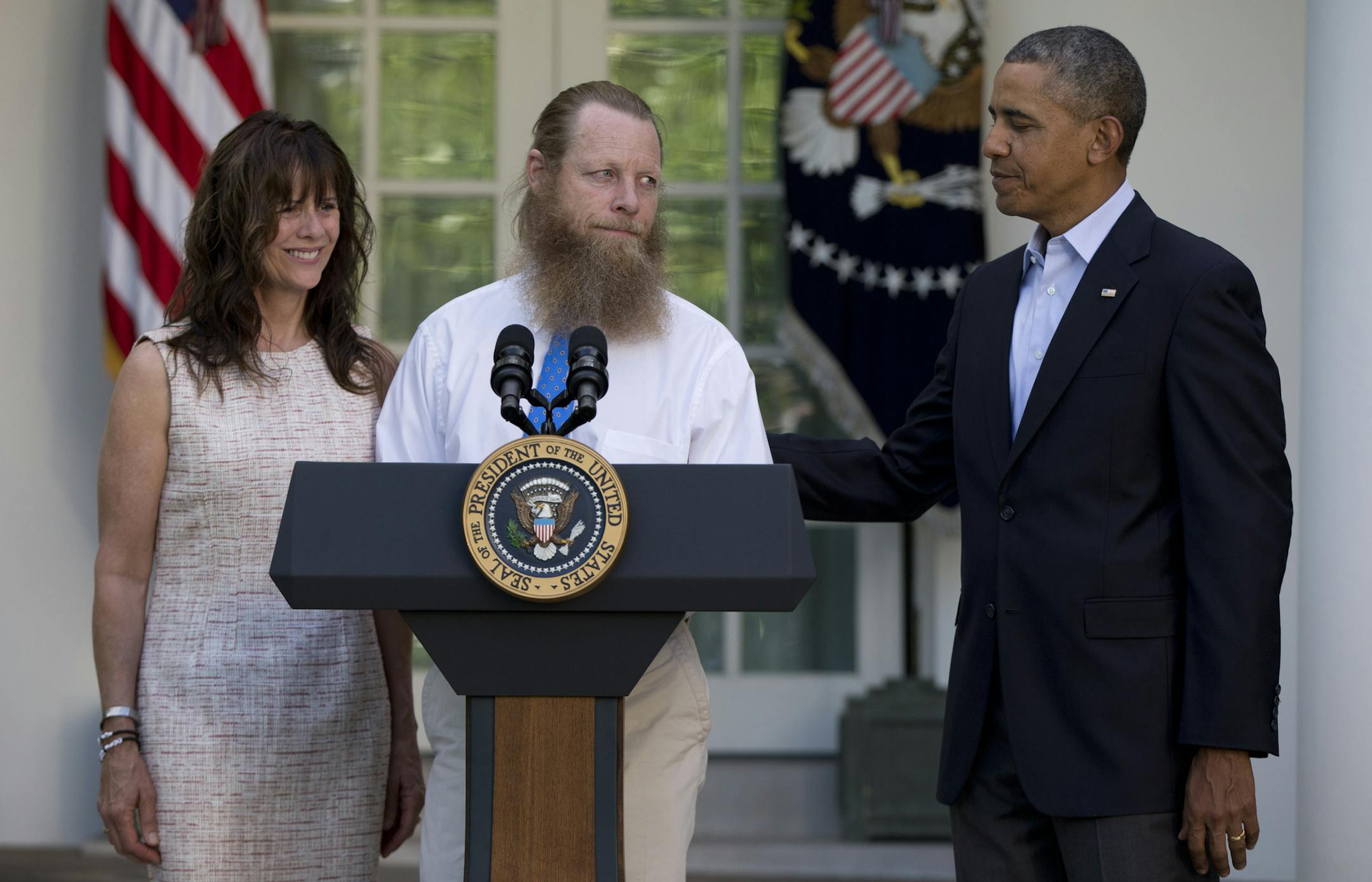 President Barack Obama, Jani Bergdahl and Bob Bergdahl speak during a news conference in the Rose Garden of the White House in Washington on May 31, 2014 about the release of their son, U.S. Army Sgt. Bowe Bergdahl. Bergdahl, 28, had been held prisoner by the Taliban since June 30, 2009.