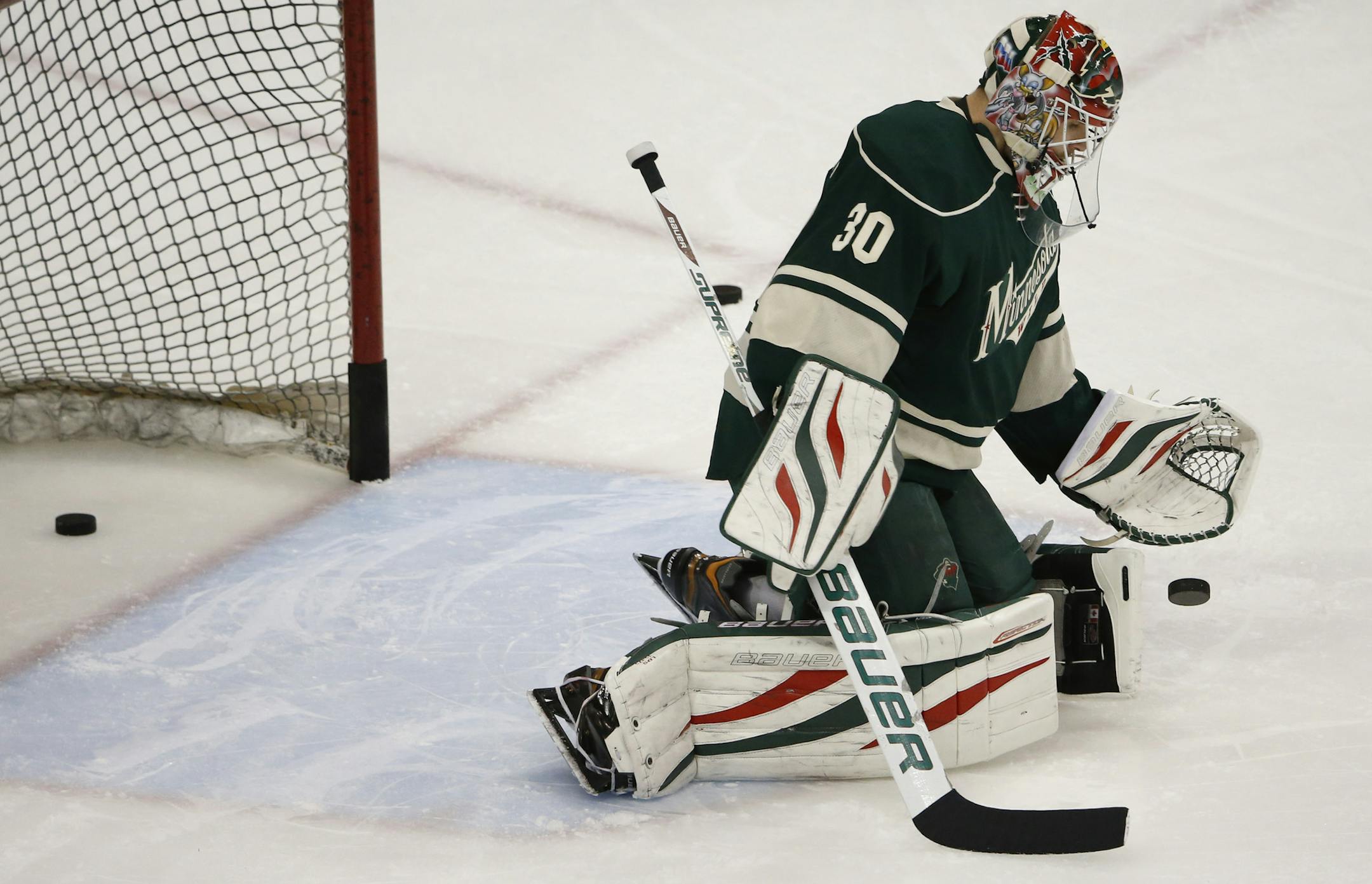 Minnesota Wild goalie Ilya Bryzgalov (30) warmed up before game 4. ] CARLOS GONZALEZ cgonzalez@startribune.com - May 9, 2014, St. Paul, Minn., Xcel Energy Center, NHL, Minnesota Wild vs. Chicago Blackhawks, Stanley Cup Playoffs Round 2, Game 4
