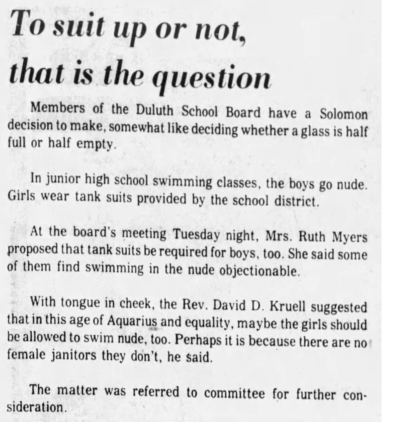 A black and white copy of a newspaper article has the headline "To suit up or not, that is the question."