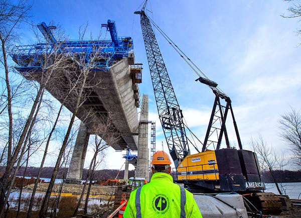 St. Croix Crossing bridge under construction. Construction of the massive St. Croix Crossing bridge project in Stillwater, MN will be 60 percent finis