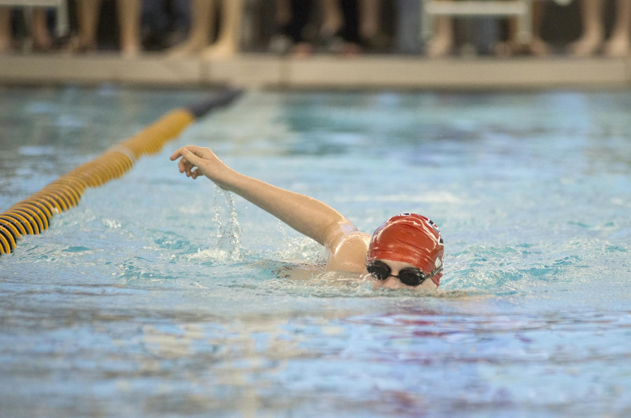 Spectators cheer on Eden Prairie's Nick Murray as he competes in the 200 Medley Relay, Jan. 29, 2016, during a meet against Wayzata at the Eden Prairie Community Center pool. ] (Matthew Hintz, 012916, Eden Prairie)
