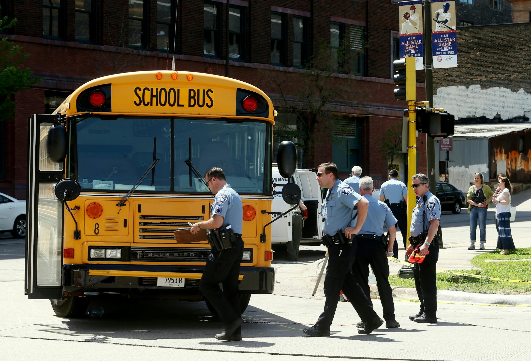 Police investigate at the scene of a bus-pedestrian accident at North 2nd Avenue and 5th street in Minneapolis on Thursday, May 29, 2014.
