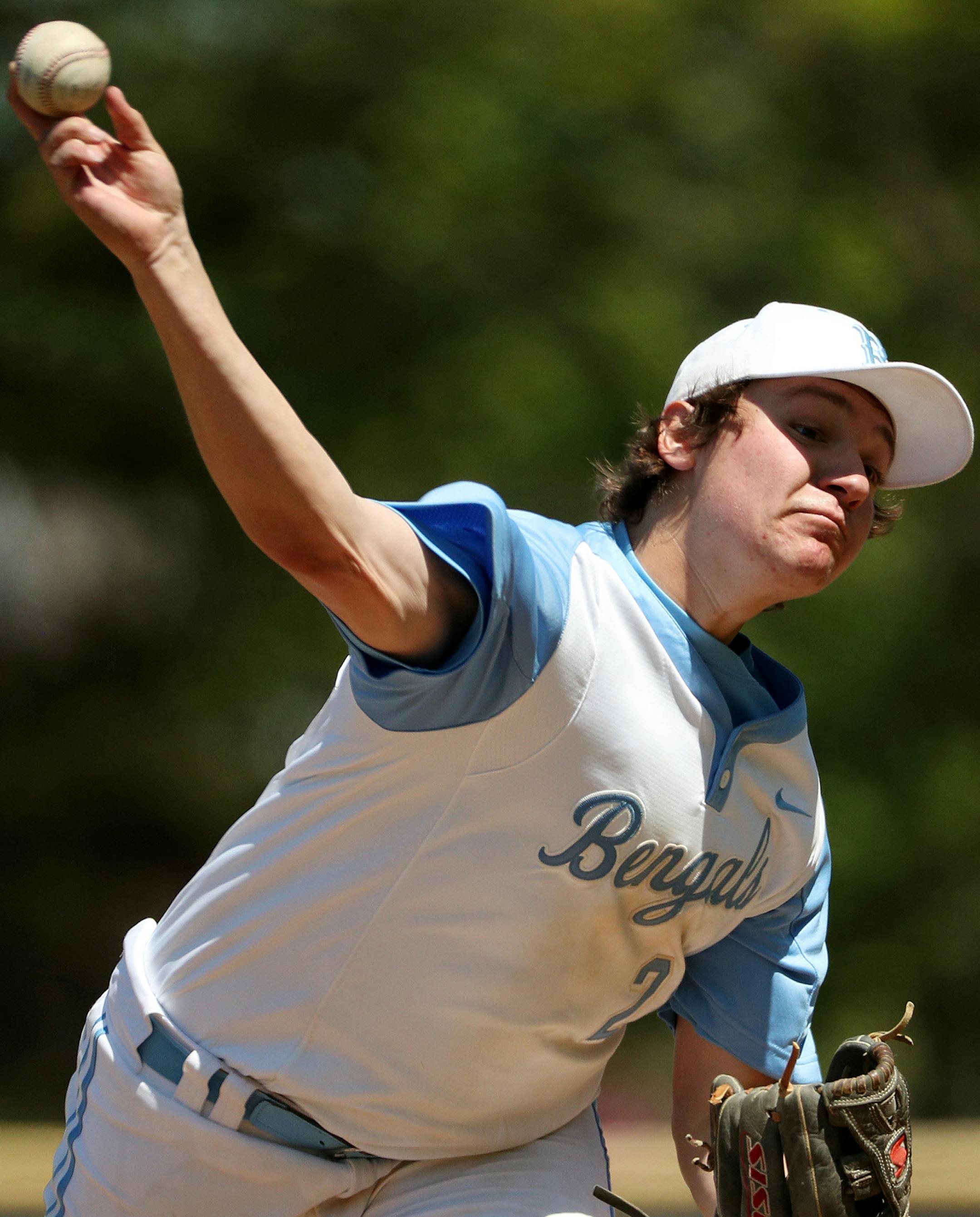 Blaine High School pitcher Seth Miller (28) delivered a pitch during a game Saturday. ] ANTHONY SOUFFLE ï anthony.souffle@startribune.com Blaine High School pitcher Seth Miller (28) photographed for a story on new pitch-count rules effects on prep baseball during a game against Minnetonka Saturday, May 14, 2017 at Paul Parkway in Blaine, Minn.