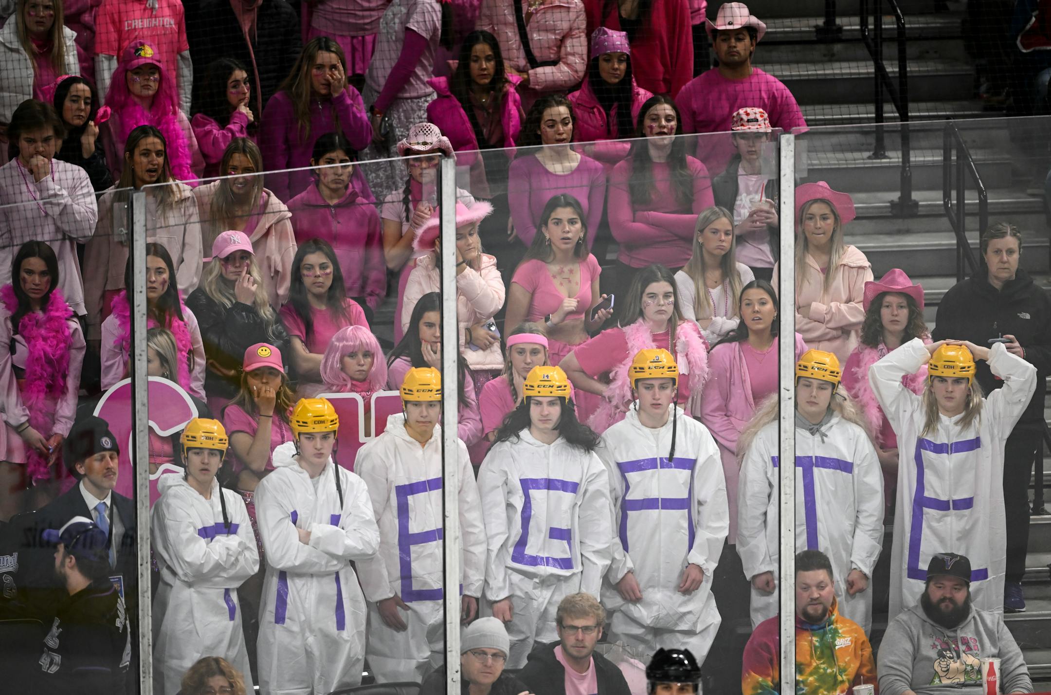 The Cretin-Derham Hall student section is dejected, down 3-1 to Edina during the third period of a boys hockey state tournament Class 2A semifinal game.
