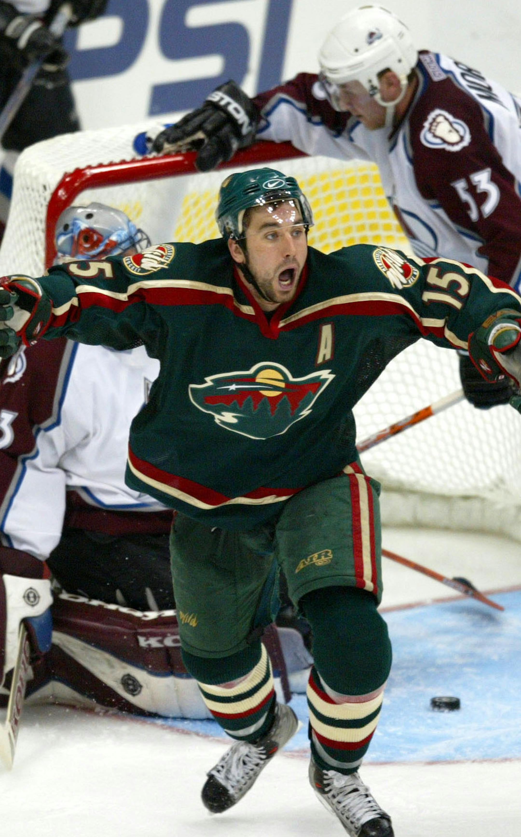 Denver, CO. Tuesday 4/22/2003 - Minnesota Wild -VS- Colorado Avalanche, Game 7 Game Winner!!!!! // Andrew Brunette scores the winning goal in overtime. ORG XMIT: MIN2013021319194157 ORG XMIT: MIN1305011509113020 ORG XMIT: MIN1405012102384036