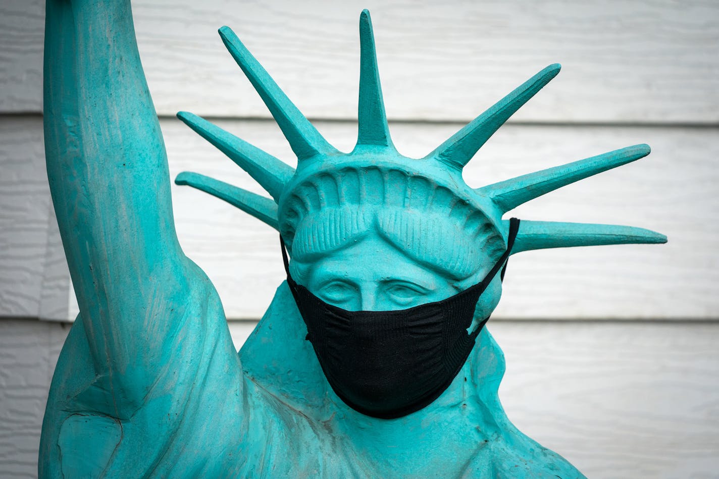 Yard signs and a replica of the Statue of Liberty wearing a mask decorate the yard outside a home in La Crescent.