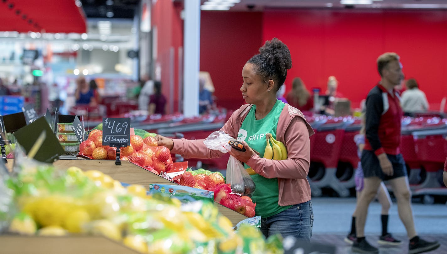 Target now offers a service known as "Shipt" where a shopper will do the shopping for you and deliver it. Here, a "Shipt" shopper made her way through the grocery area of the Edina Target with her daughter Etta, 2, Thursday, July 18, 2019. Olson said that she now primarily gets her groceries from Target. According to the most recent survey by Chain Store Guide, Target has overtaken Cub Foods as the No. 1 supermarket in the Twin Cities. ] ELIZABETH FLORES &#x2022; liz.flores@startribune.com