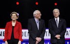 FILE - In this Feb. 25, 2020, file photo from left, Democratic presidential candidates, Sen. Elizabeth Warren, D-Mass., Sen. Bernie Sanders, I-Vt., fo