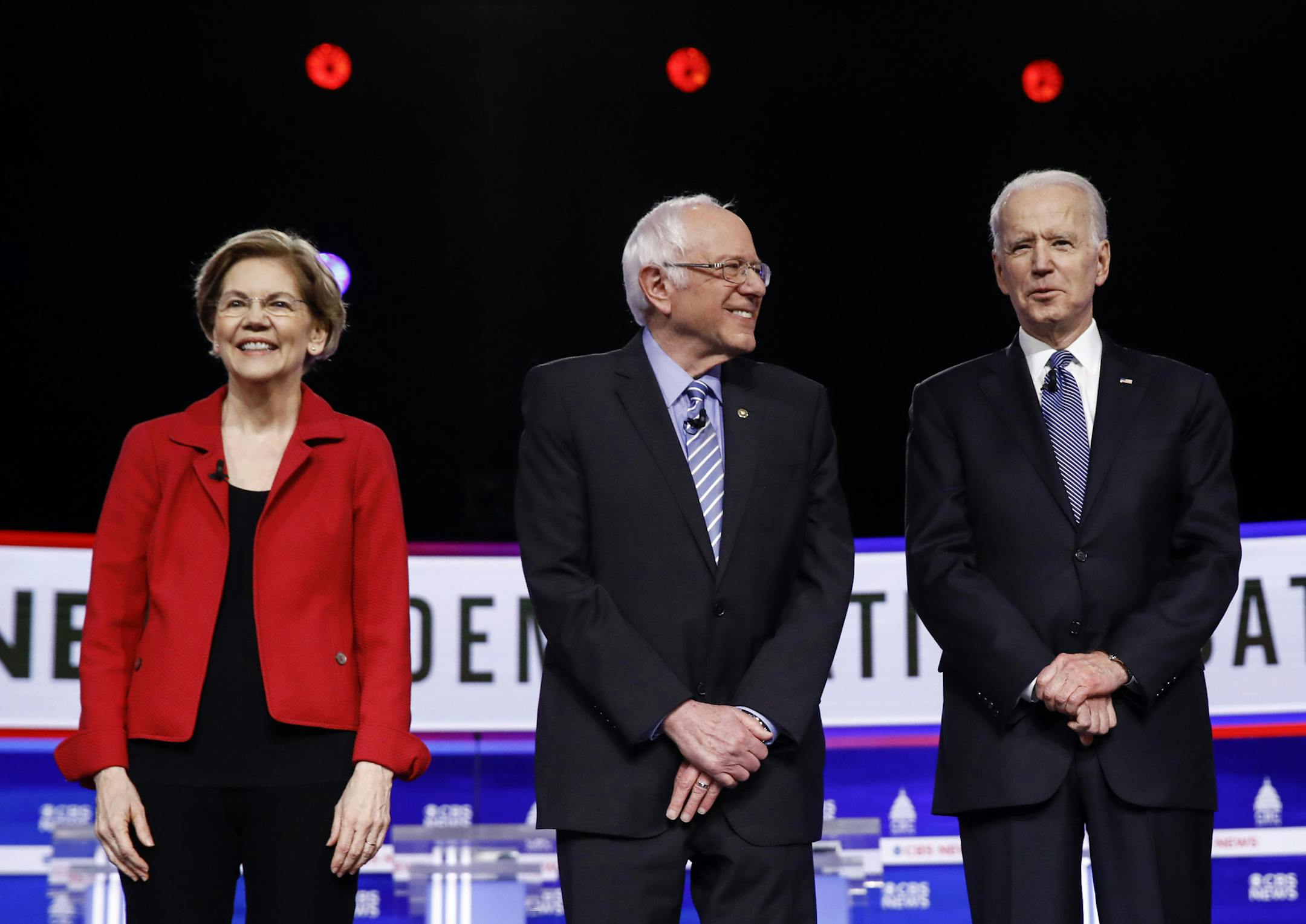 FILE - In this Feb. 25, 2020, file photo from left, Democratic presidential candidates, Sen. Elizabeth Warren, D-Mass., Sen. Bernie Sanders, I-Vt., former Vice President Joe Biden, and Sen. Amy Klobuchar, D-Minn., participate in a Democratic presidential primary debate in Charleston, S.C. Calls for pragmatic centrism helped Joe Biden clinch the Democratic presidential nomination. But they left many of the party's strongest liberals worried that little progress would be made toward their sweeping