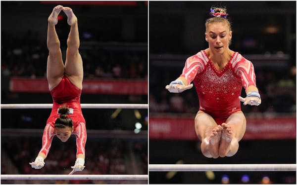 Suni Lee and Grace McCallum competed on the uneven bars during Sunday’s Olympic trials.