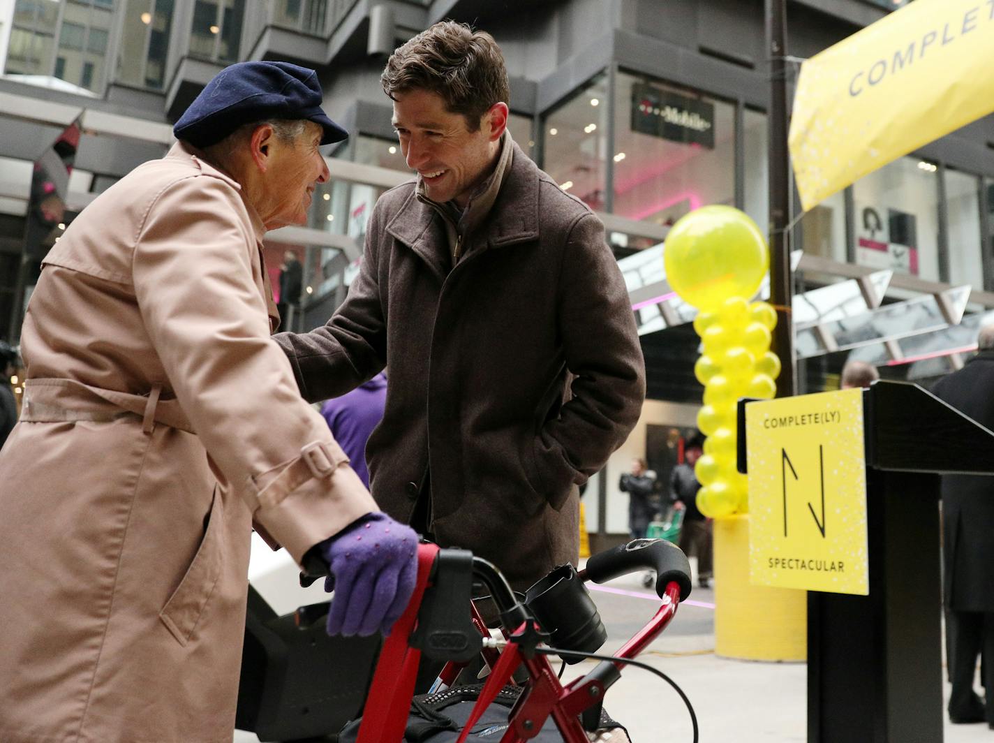 Mayor-elect Jacob Frey spoke with supporter Ellen Wolfson following a dedication ceremony to mark the opening of the newly renovated Nicollet Mall Thursday. ] ANTHONY SOUFFLE &#xef; anthony.souffle@startribune.com Mayor Betsy Hodges, Steve Cramer and others spoke during a ceremony to mark the reopening of Nicollet Mall Thursday, Nov. 16, 2017 in downtown Minneapolis.