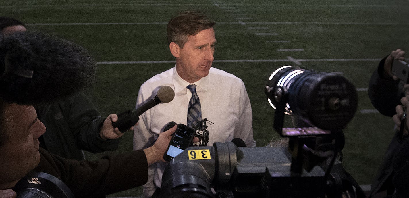 University of Minnesota Gophers athletic director Mark Coyle, briefly spoke with the media on Wednesday. ] CARLOS GONZALEZ cgonzalez@startribune.com - December 14, 2016, Minneapolis, MN, University of Minnesota Gophers Football, Tracy Claeys comments, players talk, team mood, and what 10 suspensions means for the Gophers ORG XMIT: MIN1612141926141173