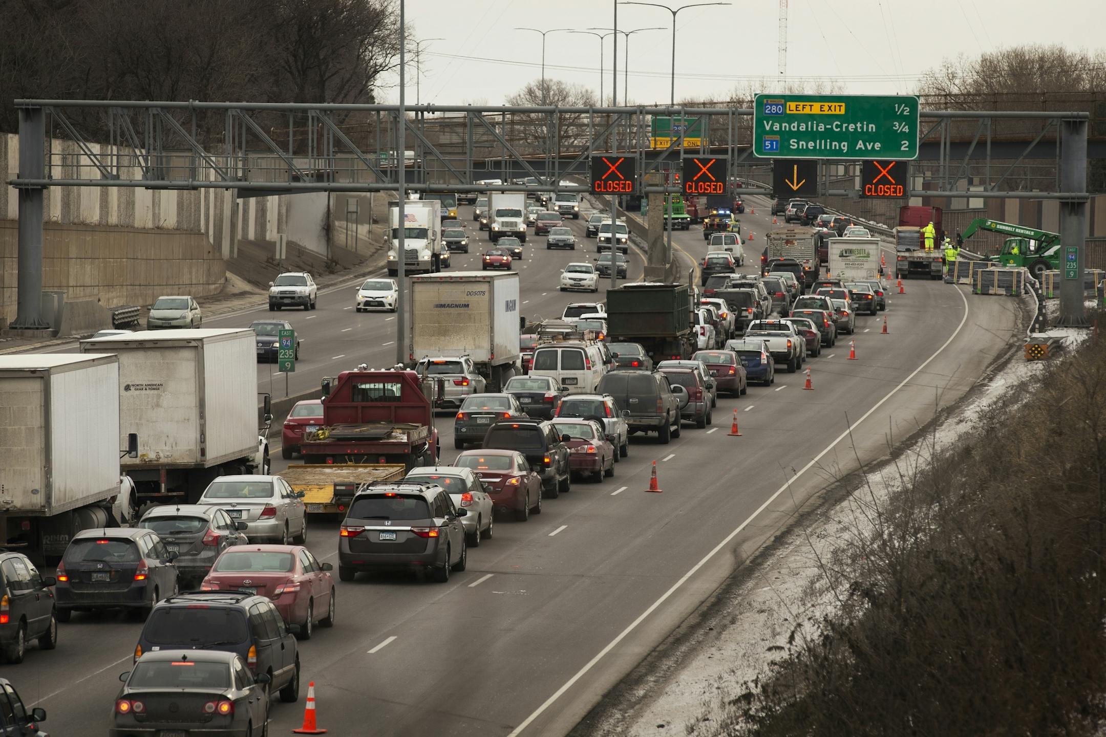 Traffic is jammed on eastbound I-94, seen from the Franklin Avenue overpass, after a van traveling eastbound on I-94 broke down and caught fire in Minneapolis in the late morning on Tuesday, December 2, 2014.
