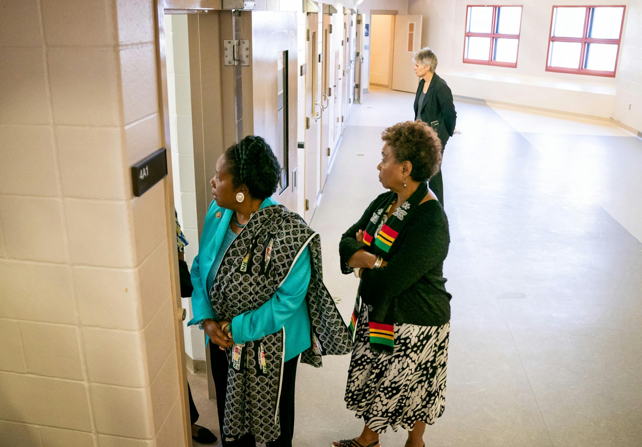 Reps. Sheila Jackson Lee and Barbara Lee looked into an empty cell at the Hennepin County Juvenile Justice Center during a tour. ] GLEN STUBBE • glen.stubbe@startribune.com Friday, August 30, 2019 Rep. Ilhan Omar hosted members of the Congressional Black Caucus—including Reps. Sheila Jackson Lee, Barbara Lee, Ayanna Pressley —for a visit to Minneapolis as part of their “State of Black America” series. Thye had events related to education, criminal justice refor