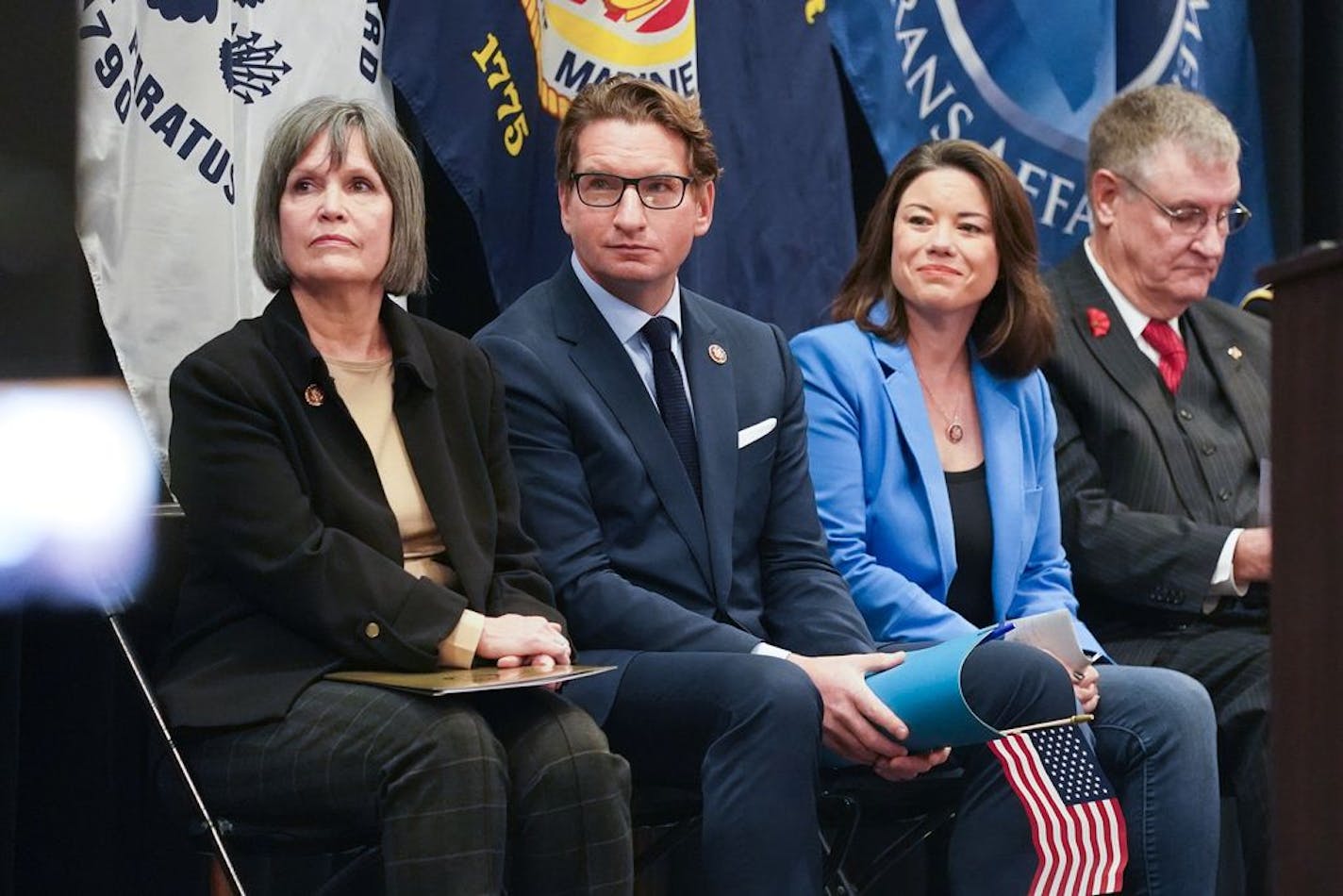 From left, Reps. Betty McCollum, Dean Phillips and Angie Craig appeared at a Veterans Day event, in Inver Grove Heights.