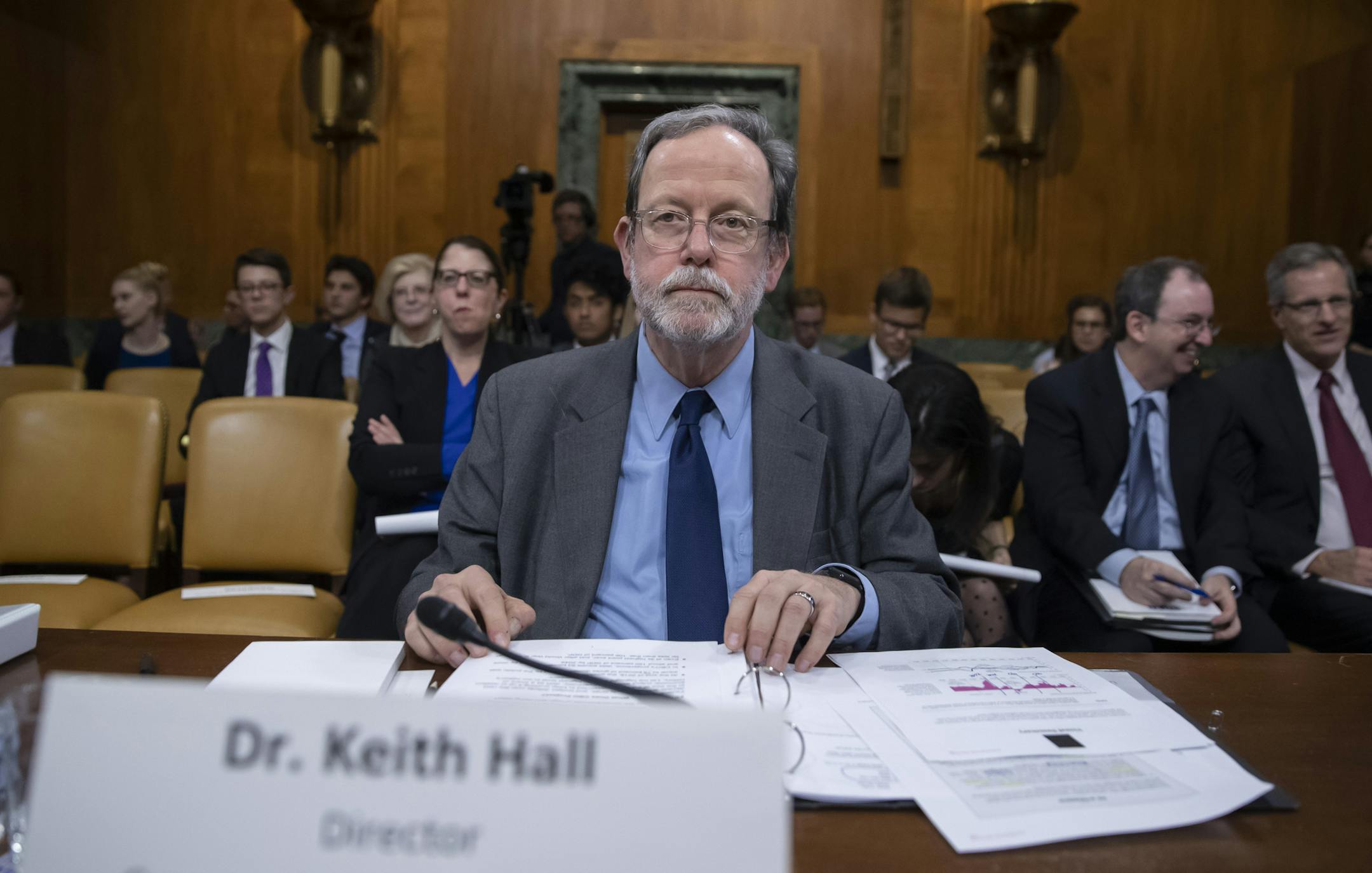 Congressional Budget Office Director Keith Hall is seated for a hearing of the Senate Budget Committee on the "Budget and Economic Outlook for FY2019-2029," on Capitol Hill, Tuesday, Jan. 29, 2019, in Washington. (AP Photo/Alex Brandon)
