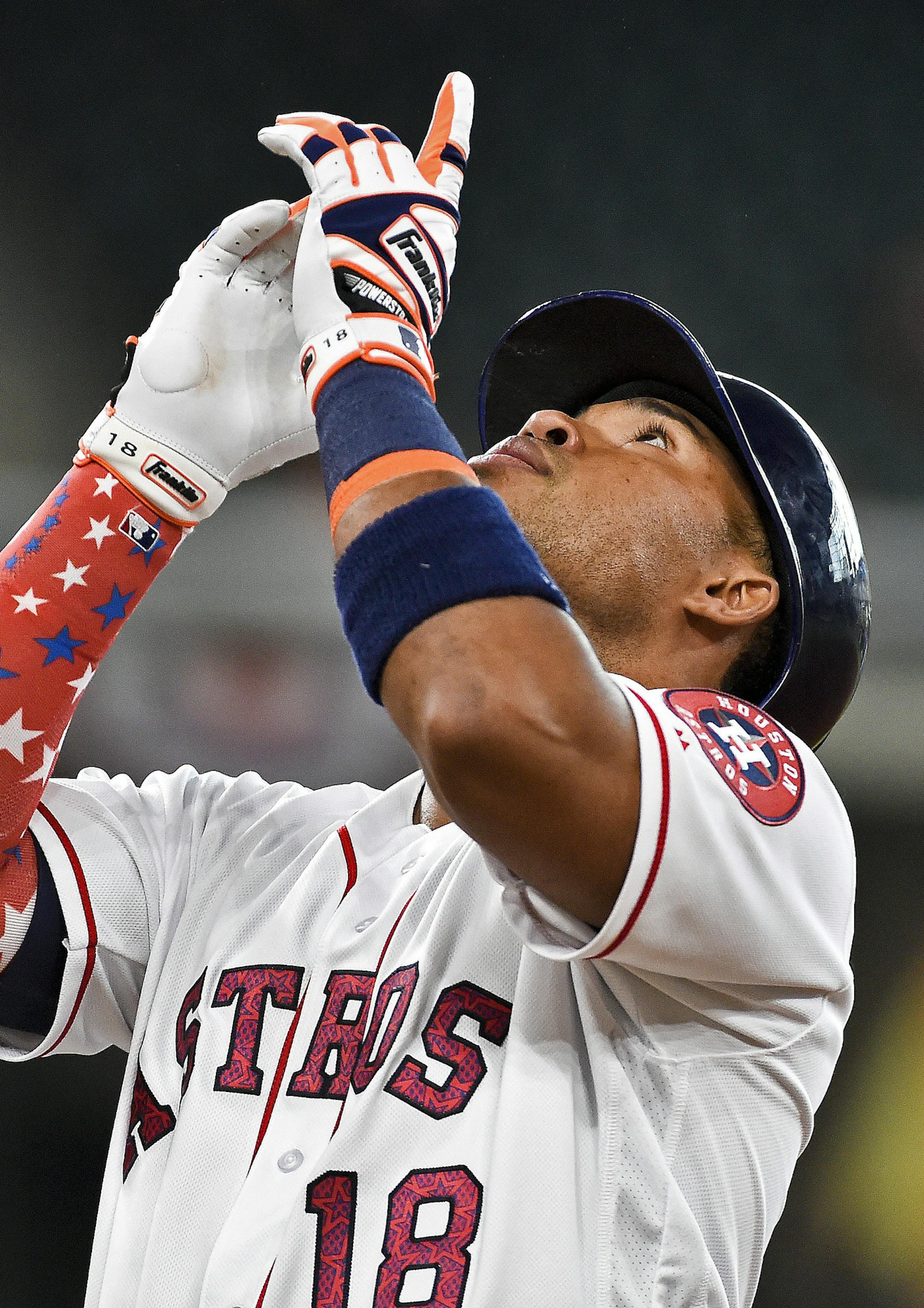 Houston Astros ' Luis Valbuena reacts after hitting a single in the fourth inning of a baseball game against the Seattle Mariners, Monday, July 4, 2016, in Houston. (AP Photo/Eric Christian Smith)
