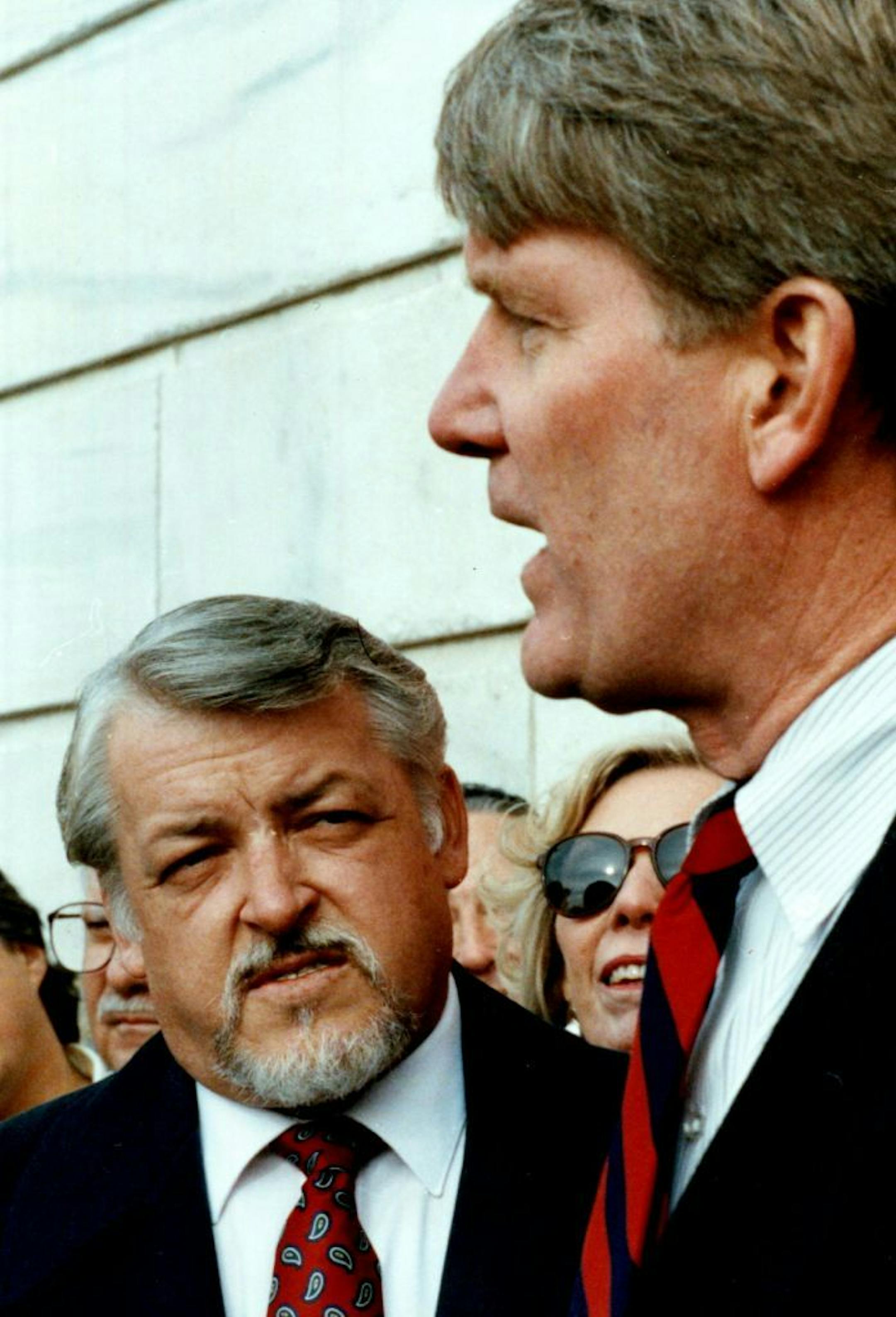 October 19, 1990 Leon Oistad, campaign manager for Jon Grunseth, listened as his boss announced he would stay in the race. October 20, 1990 Charles Bjorgen, Minneapolis Star Tribune