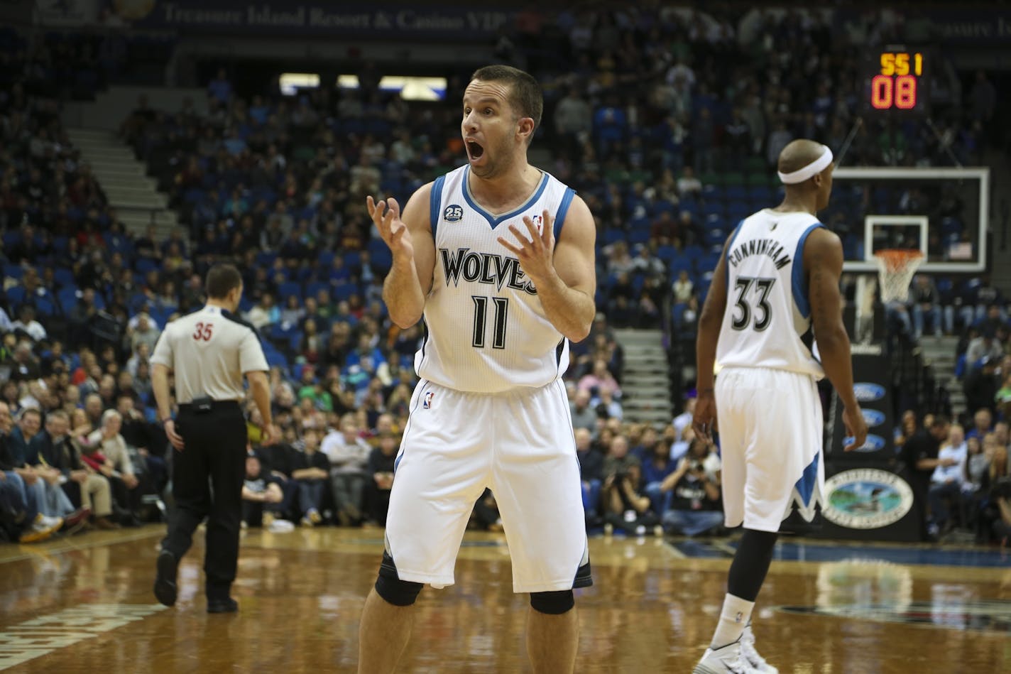 Timberwolves' J.J. Barea reacted to a call against the Timberwolves during the first half of an NBA basketball game between the Minnesota Timberwolves and the Houston Rockets Monday, February 10, 2014 at the Target Center in Minneapolis, Minn.