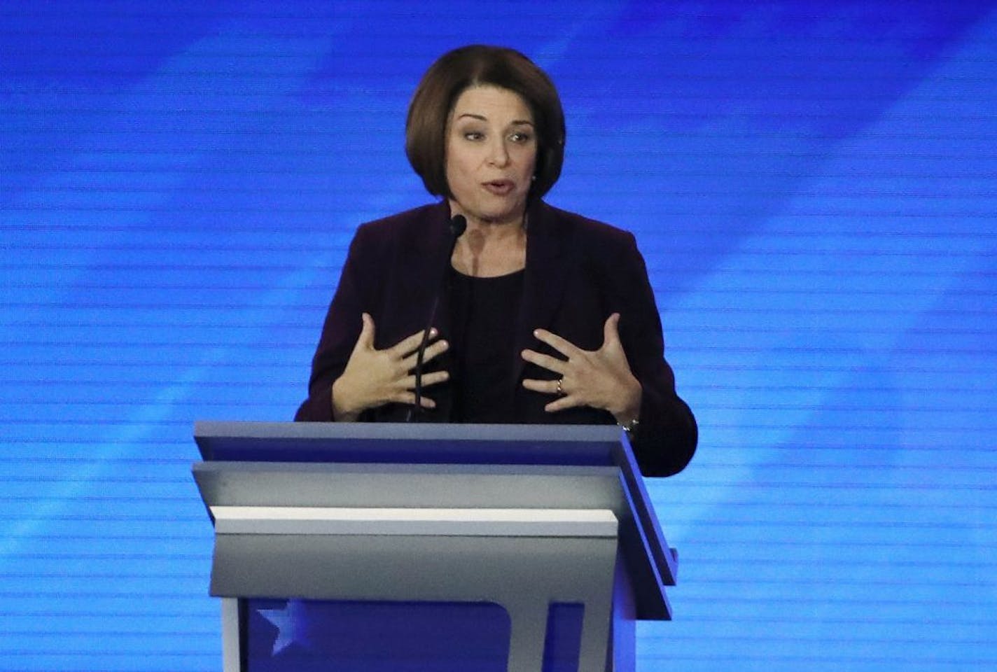 Democratic presidential candidate Sen. Amy Klobuchar, D-Minn., speaks during a Democratic presidential primary debate, Friday, Feb. 7, 2020, hosted by ABC News, Apple News, and WMUR-TV at Saint Anselm College in Manchester, N.H.