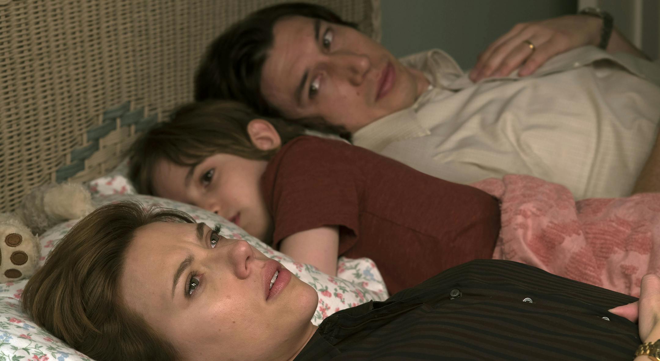 This image released by Netflix shows Scarlett Johansson, left, and Adam Driver in "Marriage Story." On Monday, Jan. 13, the film was nominated for an Oscar for best picture. Johansson and Driver were also nominated for best leading actress and leading actor. (Netflix via AP)