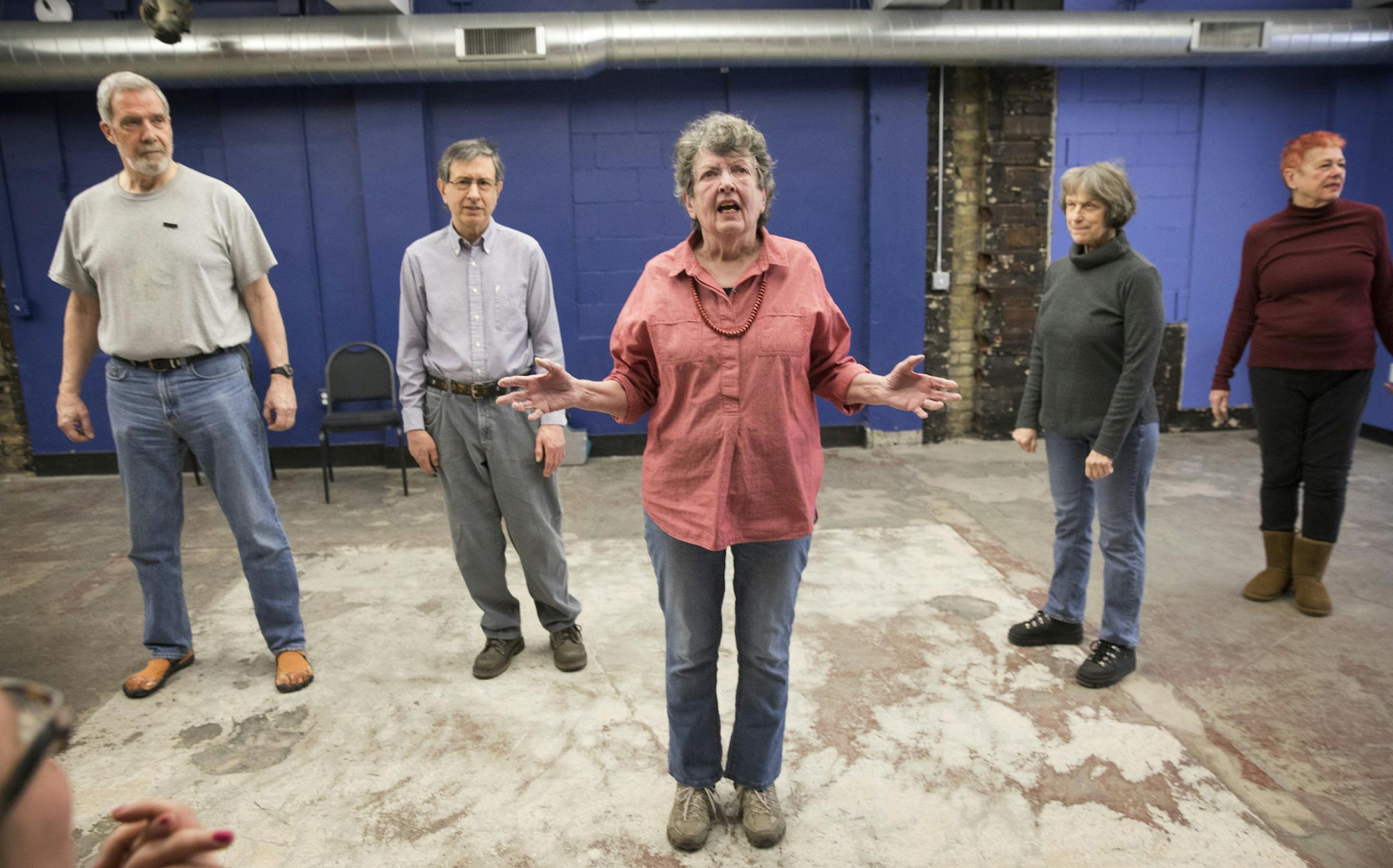 Susan Youngdahl, center, 79, does an improv exercise during class on Jan. 30, 2017 in Minneapolis, Minn. (Leila Navidi/Minneapolis Star Tribune/TNS) ORG XMIT: 1200545