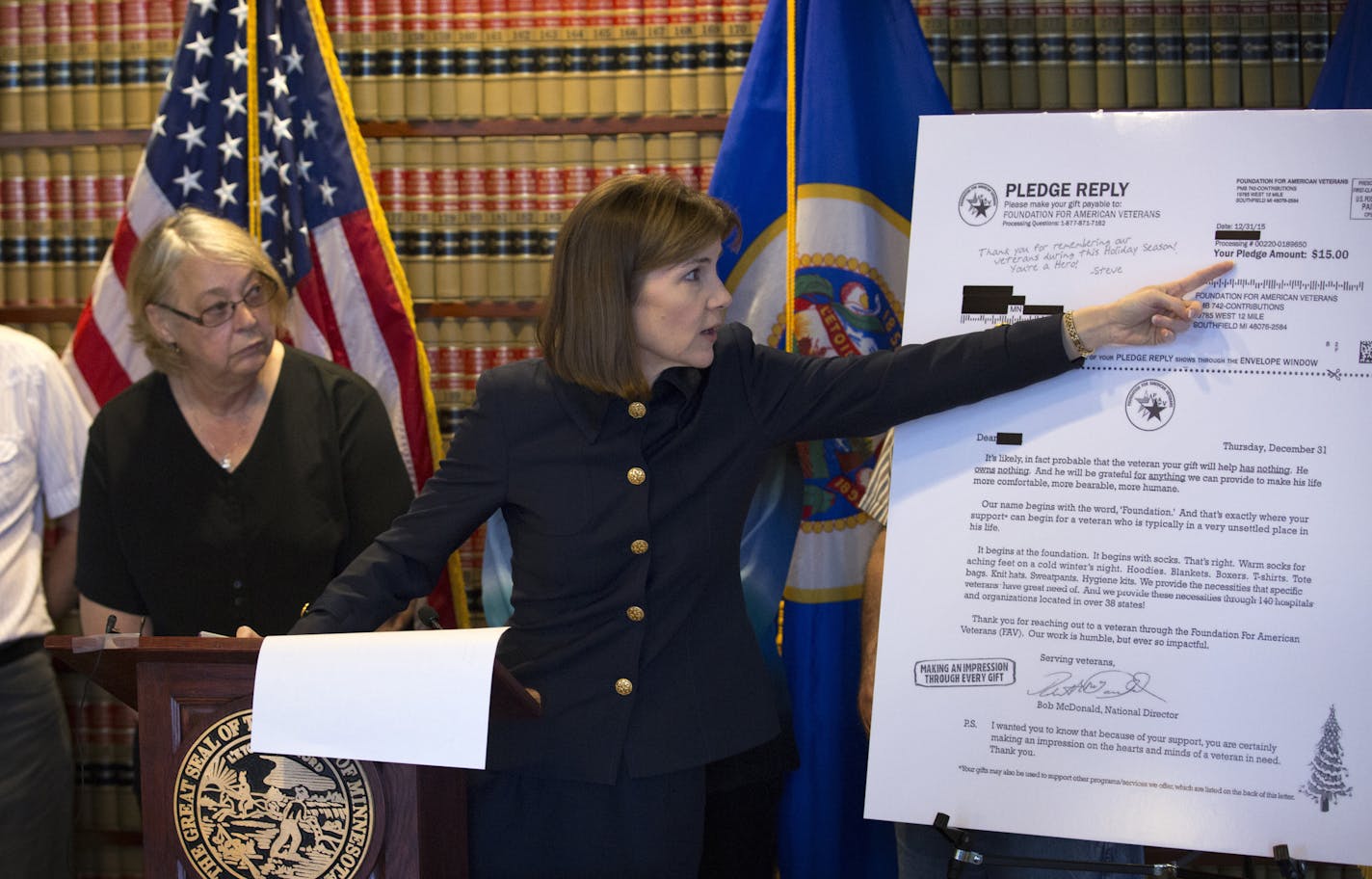 Minnesota Attorney General Lori Swanson (right) filed a lawsuit Wednesday against Associated Community Services, Inc. (ACS) and its affiliate for sending false &#xec;pledge reminders&#xee; and making other deceptive statements in a campaign to solicit donations for a veterans&#xed; charity. Jan and Danette Crenshaw (left) were harassed for donations by ACS. ] St. Paul, MN - 05/25/2016