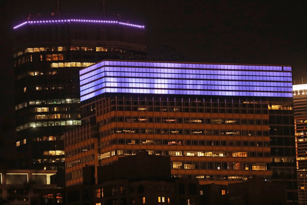 Target's headquarters and the IDS Center were lit purple to mark the one-year anniversary of Prince's passing on April 20, 2017.