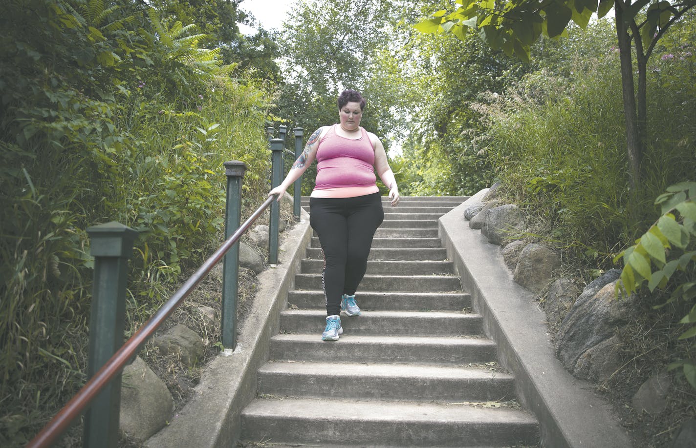 Fresh Approach: Jocelyn Steinke, who has ditched dieting and believes weight is not the only measure of good health, climbed stairs for exercise at Minnehaha Falls in Minneapolis.