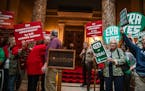 Protesters gather outside the Senate chambers after an ERA bill was heard in committee at the Minnesota State Capitol in St. Paul on May 6.