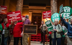 Protesters gather outside the Senate chambers after an ERA bill was heard in committee at the Minnesota State Capitol in St. Paul on May 6.