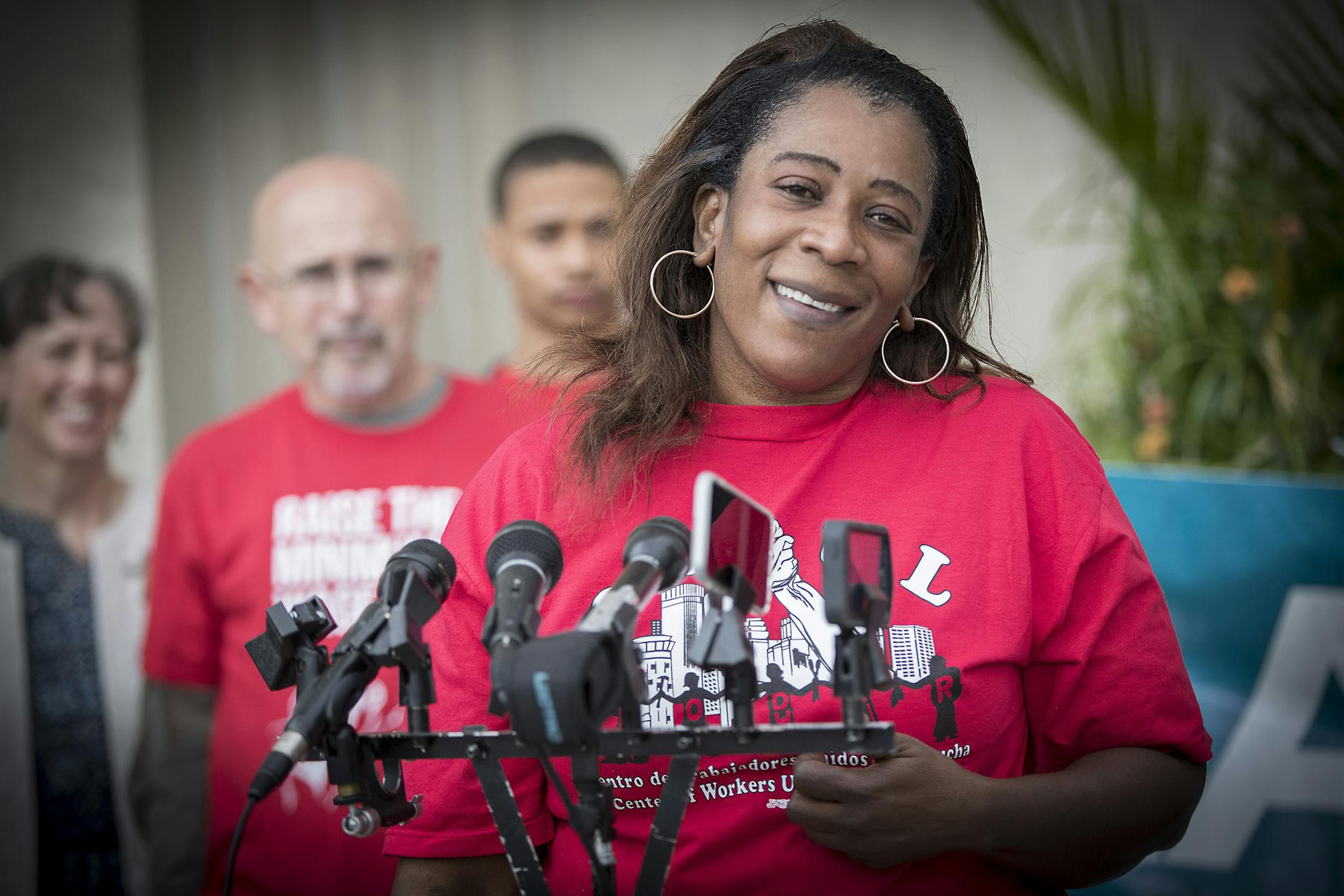 Marfa Malcolm spoke about her personal struggles during a press conference in front of City Hall, Tuesday, September 26, 2017 in St. Paul, MN. She joined a group of religious and community groups and labor organizers to announce the formal launch of a coalition advancing the demand for a $15 minimum wage in St Paul. ] ELIZABETH FLORES ï liz.flores@startribune.com