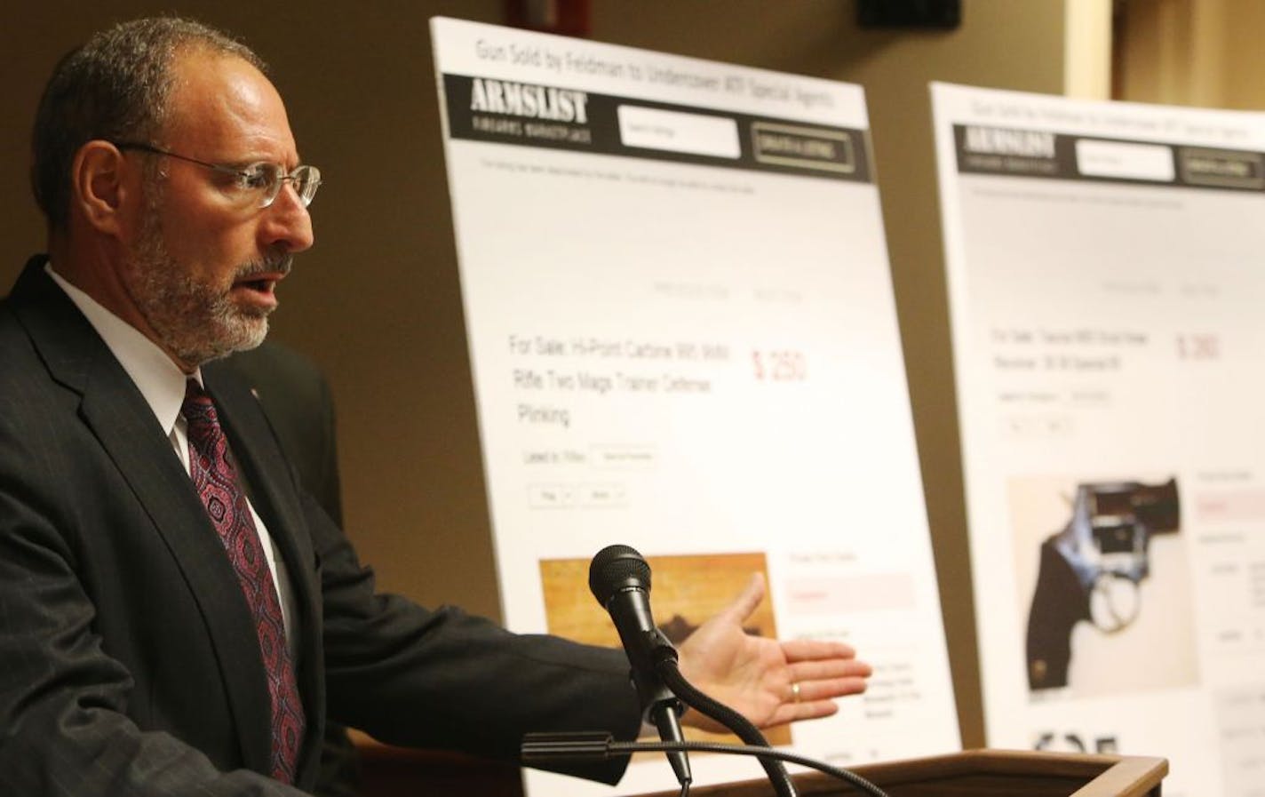 U.S. Attorney Andrew M. Luger today announced a federal indictment charging Eitan Benjamin Feldman, 28, for illegally dealing in firearms without a license and lying on at least nine firearms transaction records and seen Thursday, Feb. 18, 2016, in Minneapolis, MN. Here, Luger addressed media members.