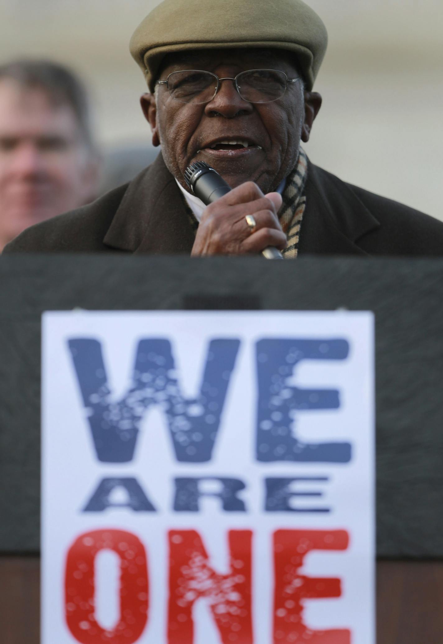 JEFF WHEELER &#x201a;&#xc4;&#xa2; jeff.wheeler@startribune.com ST. PAUL - 4/4/11 - Thousands marched from the Cathedral in St. Paul to the State Capitol to honor the 43rd anniversary of the assassination of Dr. Martin Luther King, who was gunned down in Memphis, during a visit designed to support poorly-paid and frequently-injured sanitation workers. IN THIS PHOTO: ] Former president of the Minneapolis chapter of the NAACP, Matthew Little, who marched with Dr. Martin Luther King Jr., spoke of Dr