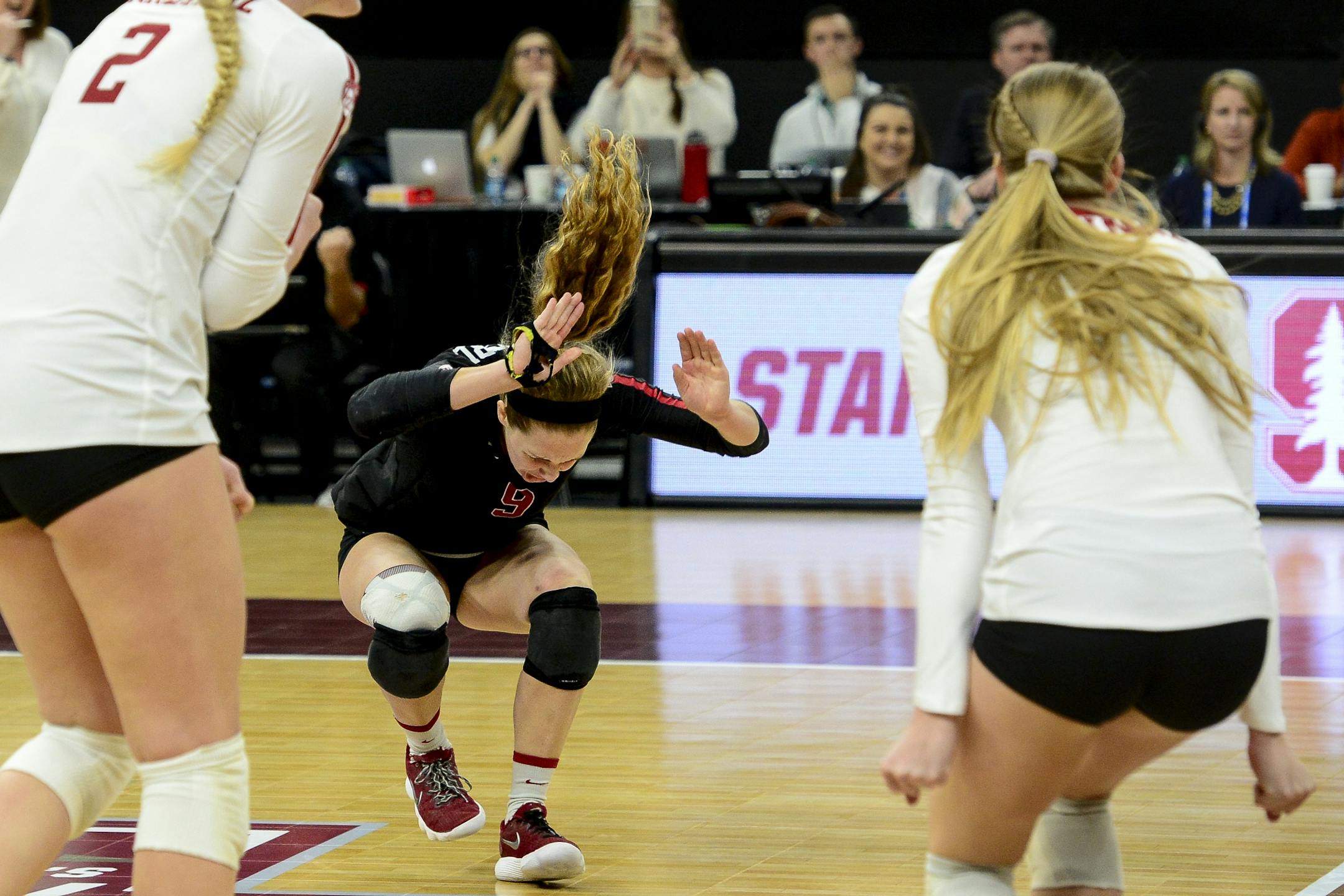 Stanford libero Morgan Hentz (9) pounded the court after her team won the first set Saturday against Nebraska.