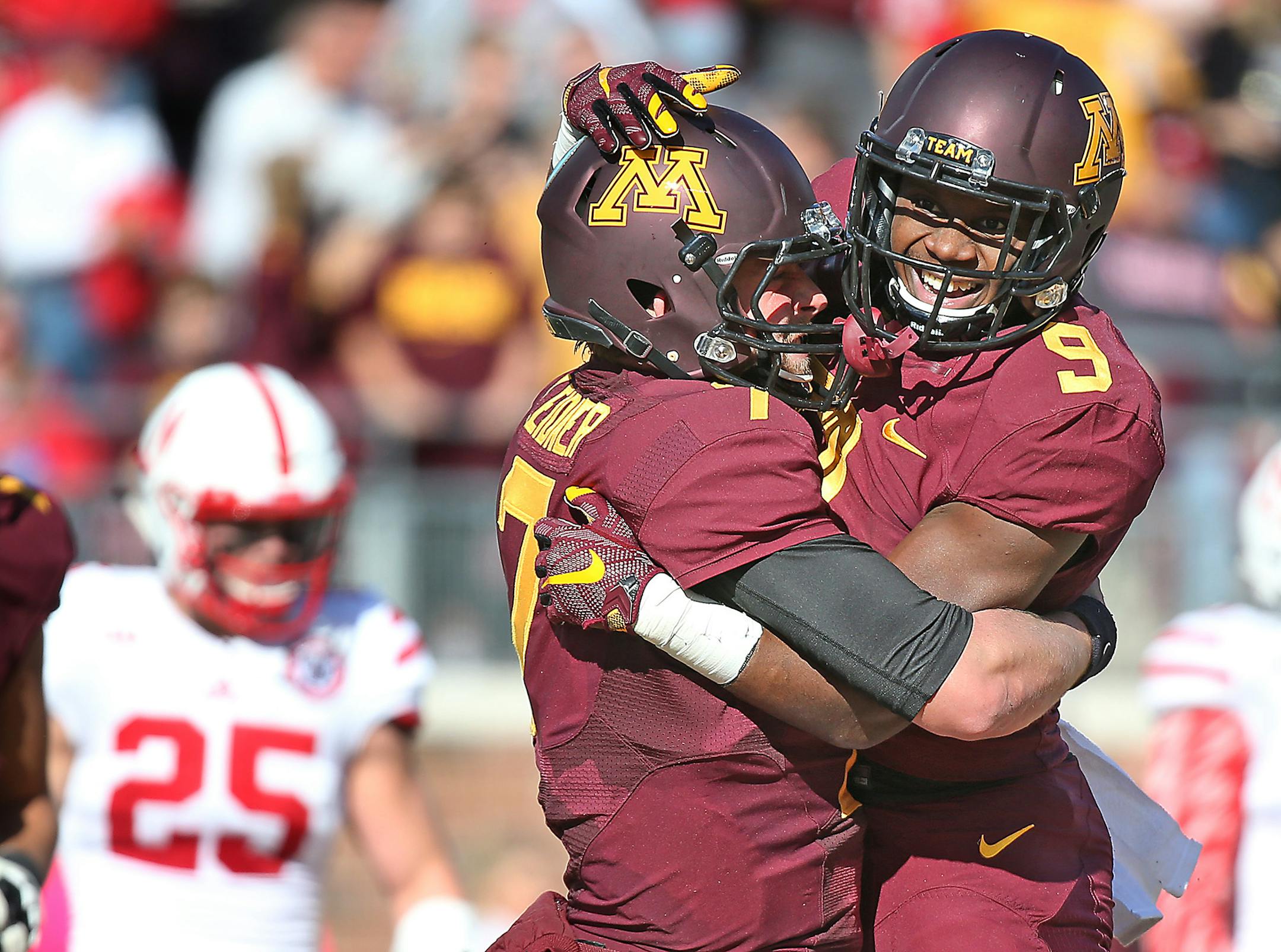 Minnesota's wide receiver Eric Carter was lifted by quarterback Mitch Leidner after scoring a first quarter touchdown against Nebraska last season. With an easier schedule, moments like these could be more common in 2016.