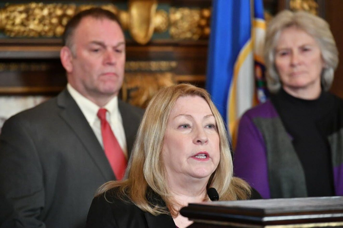 Rep. Dave Baker, R-Willmar, left, and Sen. Chris Eaton, DFL-Brooklyn Center, spoke about the "penny-a-pill" tax proposal on opioids. Both legislators lost children to the epidemic.