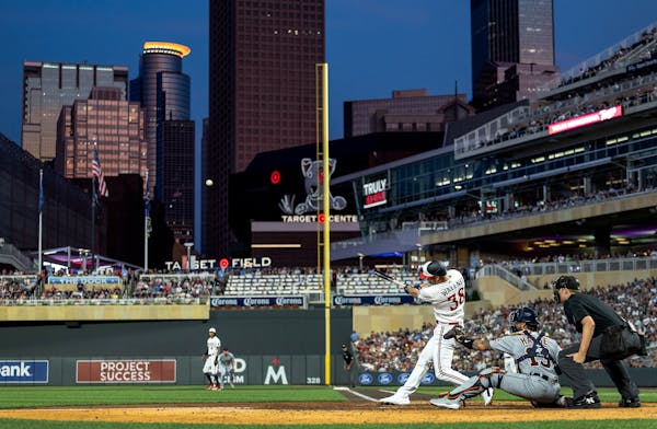 Matt Wallner (38) of the Minnesota Twins hits a grand slam homerun in the sixth inning Tuesday, August 15, 2023, Target Field in Minneapolis, Minn. ] 