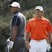 Tiger Woods of the United States, left, and Lee Westwood of England.