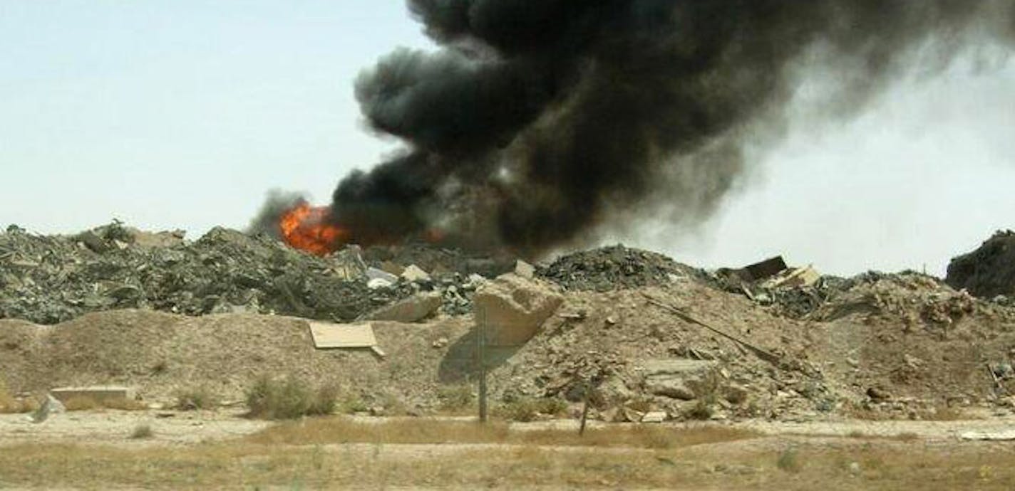 The burn pit at the air base in Balad, Iraq, burned 24 hours a day, seven days a week and included materials such as Styrofoam, metals, plastics, and medical waste, kept burning with jet fuel.