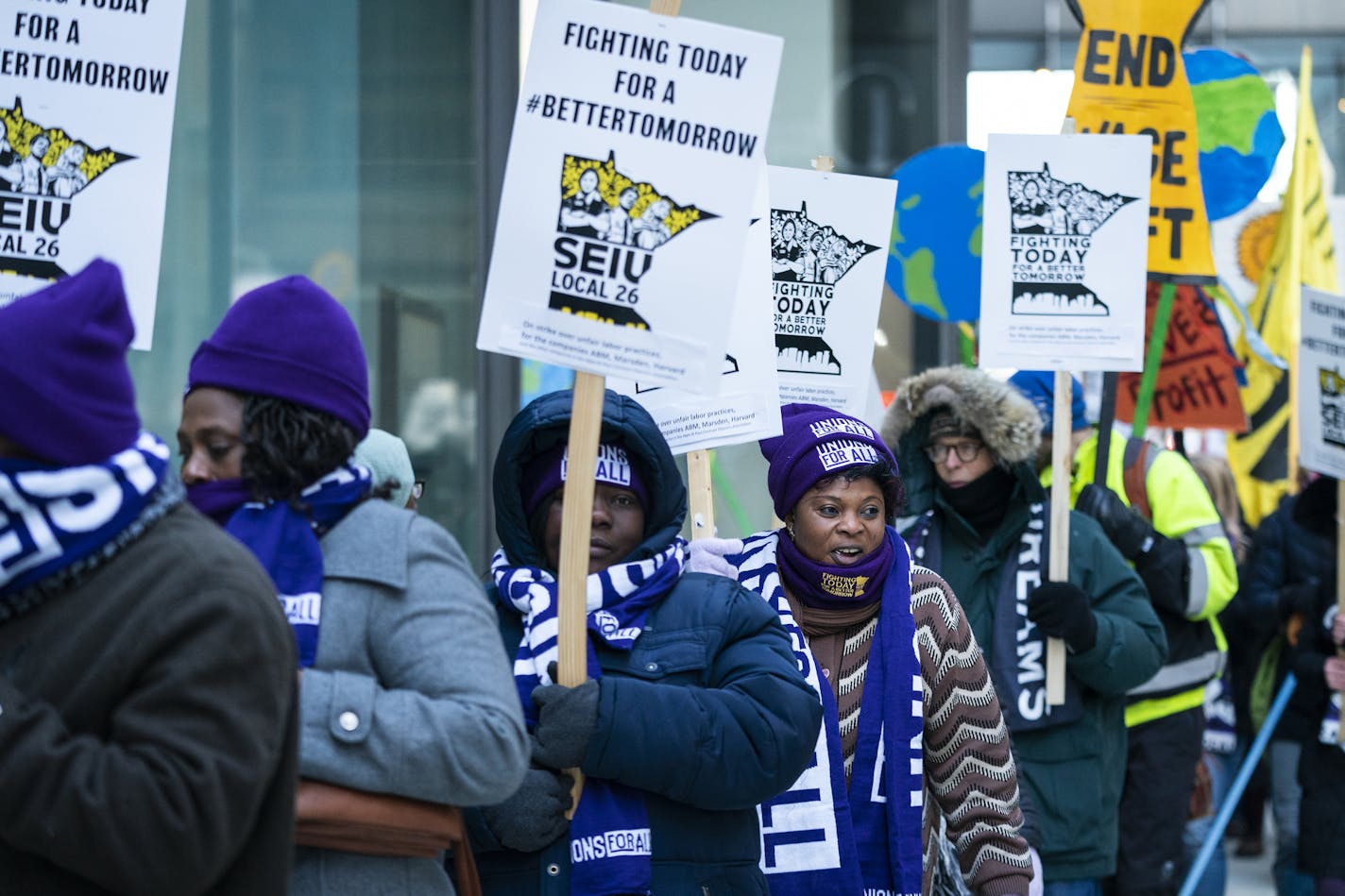 Commercial janitors represented by SEIU Local 26 began a 24-hour strike with a picket line and rally with supporters at Nicollet Avenue and 8th Street in downtown Minneapolis. ] LEILA NAVIDI &#x2022; leila.navidi@startribune.com BACKGROUND INFORMATION: Commercial janitors represented by SEIU Local 26 began a 24-hour strike with a picket line and rally at Nicollet Avenue and 8th Street in downtown Minneapolis on Thursday, February 27, 2020.