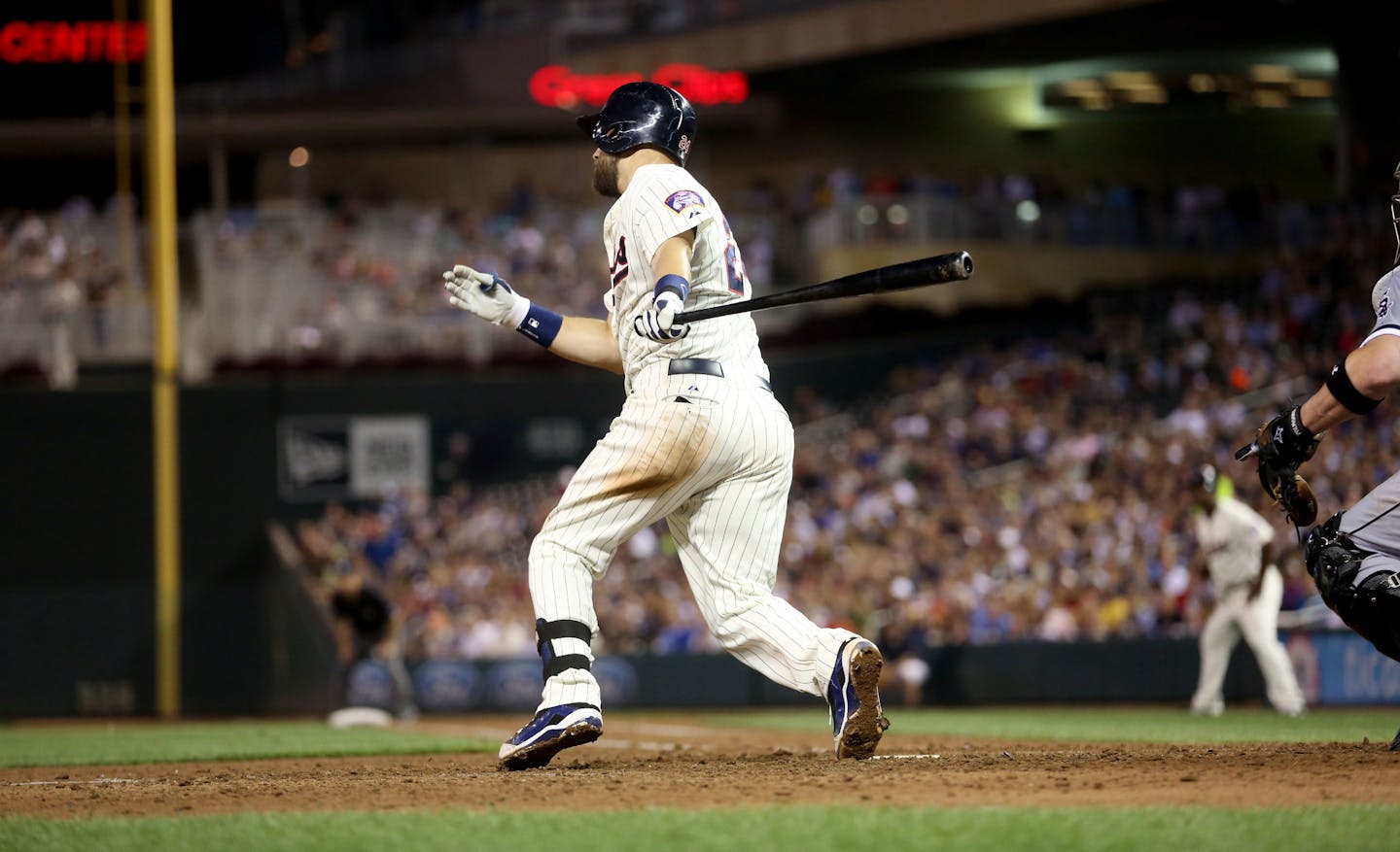 Trevor Plouffe doubled to bring home two runs in the seventh inning.