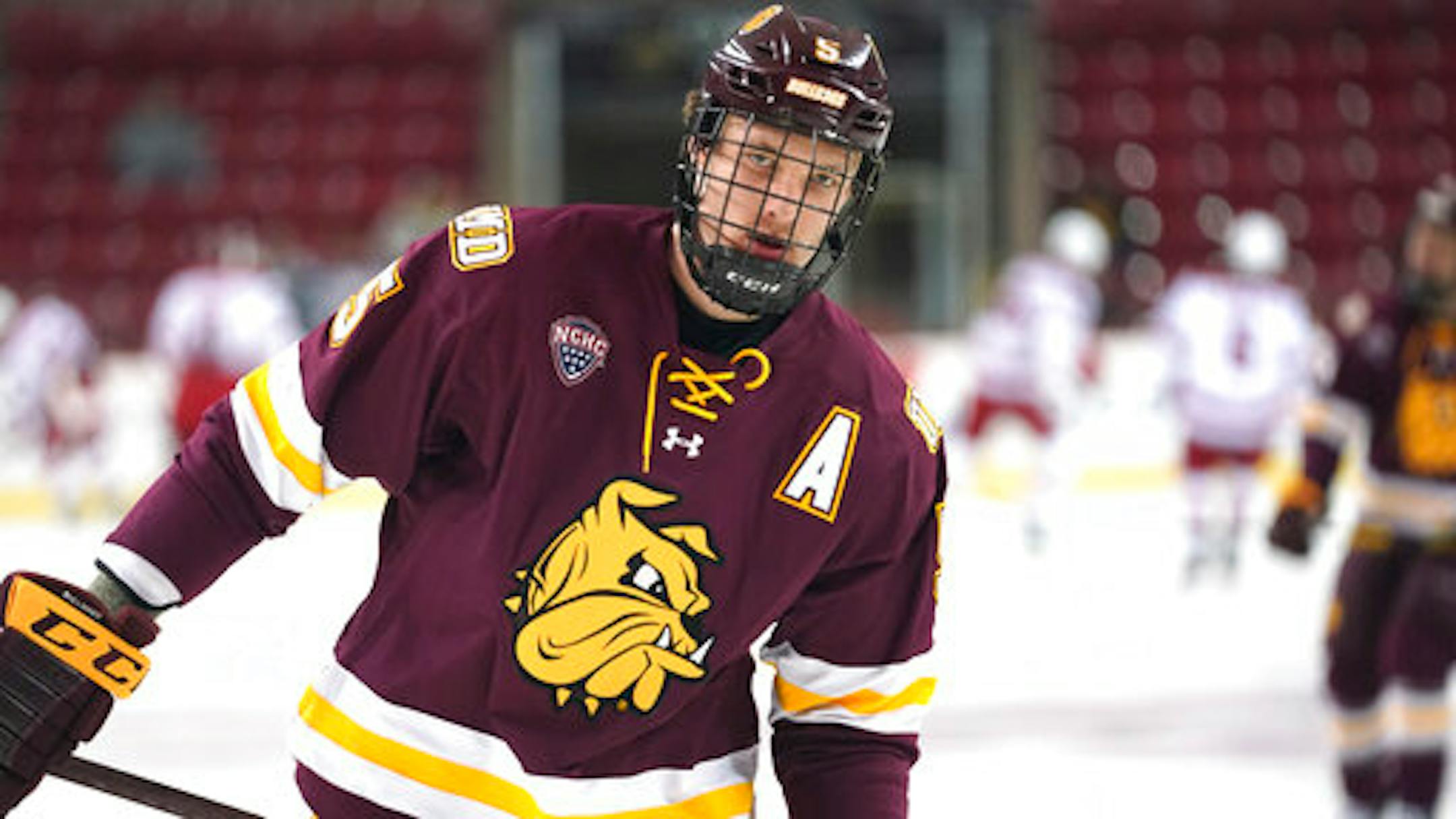 Minnesota-Duluth Bulldogs defenseman Nick Wolff (5) during an NCAA college hockey game against the Miami RedHawks, Friday, Jan. 18, 2019, in Oxford, Ohio. (AP Photo/Aaron Doster)