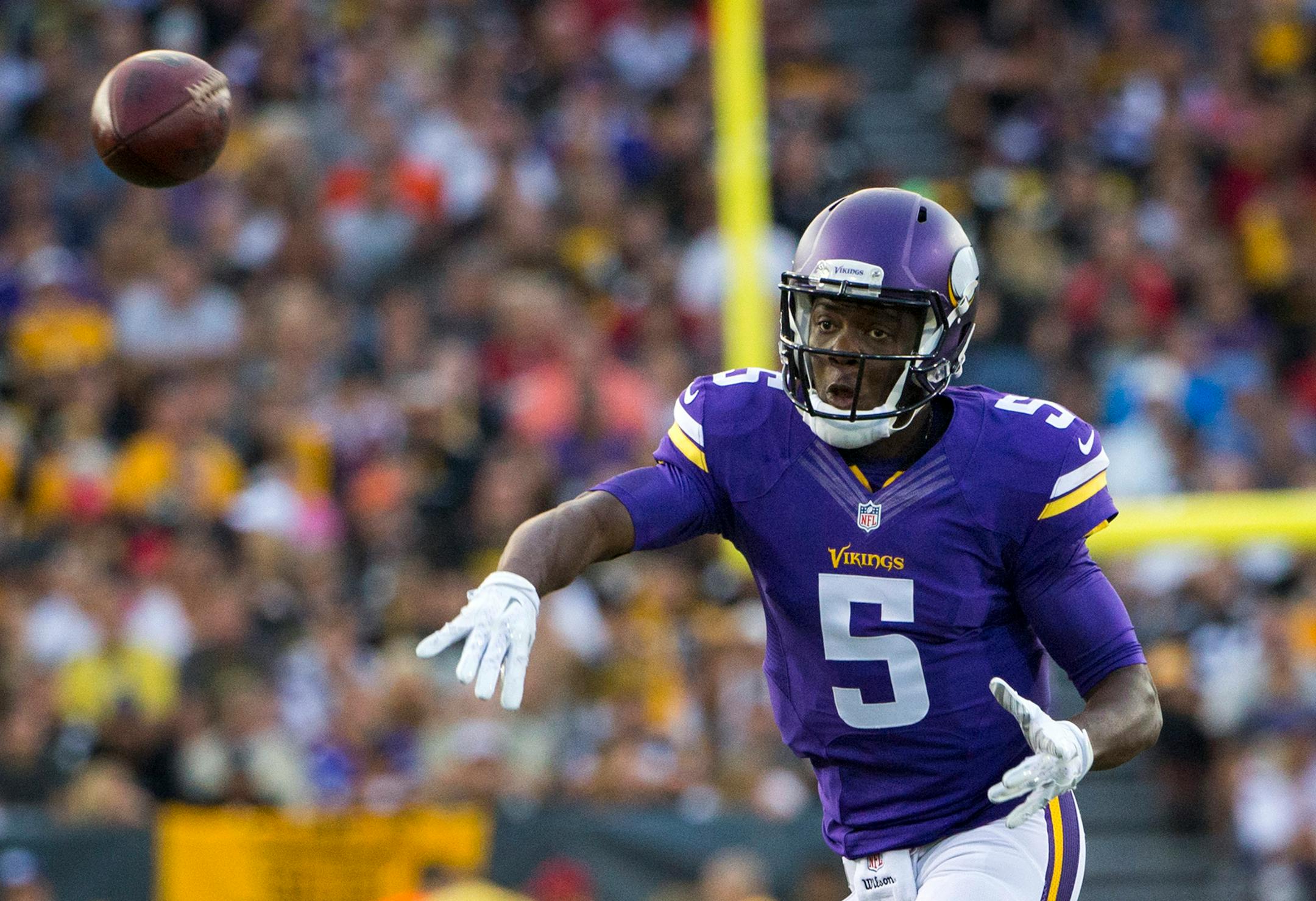 Vikings quarterback Teddy Bridgewater scrambled and completed a pass during the first quarter of the 2015 NFL Hall of Fame Game on Sunday. The Vikings beat the Steelers 14-3 in the first preseason game of the NFL season.