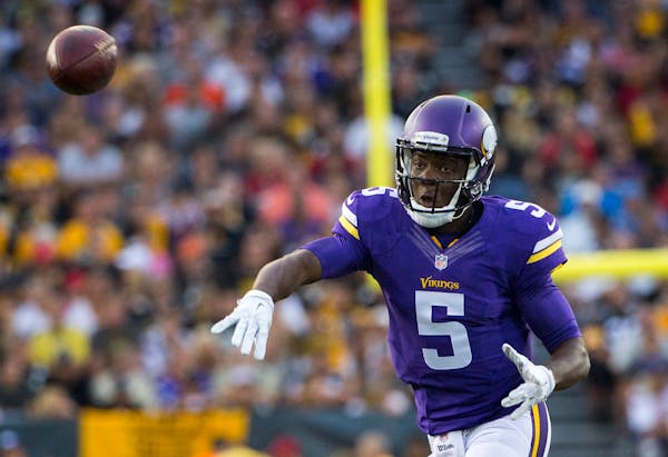 Vikings quarterback Teddy Bridgewater scrambled and completed a pass during the first quarter of the 2015 NFL Hall of Fame Game on Sunday. The Vikings